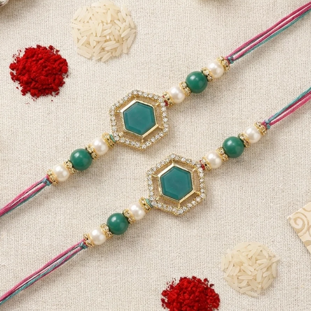 Beautiful Kundan & Pearl Rakhi with Roli Chawal & Card (Pack of 2)