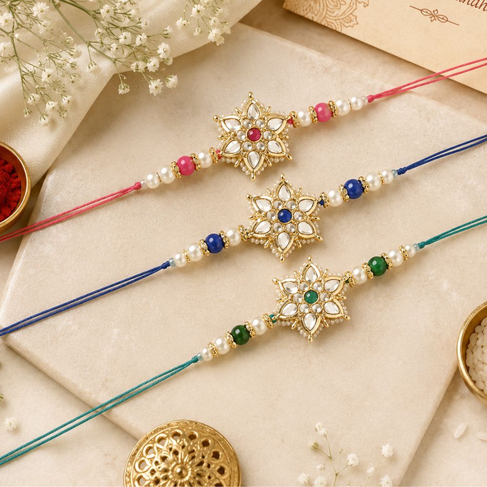 Beautiful Kundan & Pearl Rakhi with Roli Chawal & Card (Pack of 3)