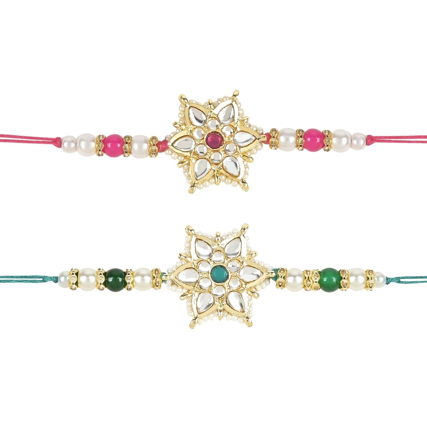 Beautiful Kundan & Pearl Rakhi with Roli Chawal & Card (Pack of 2)