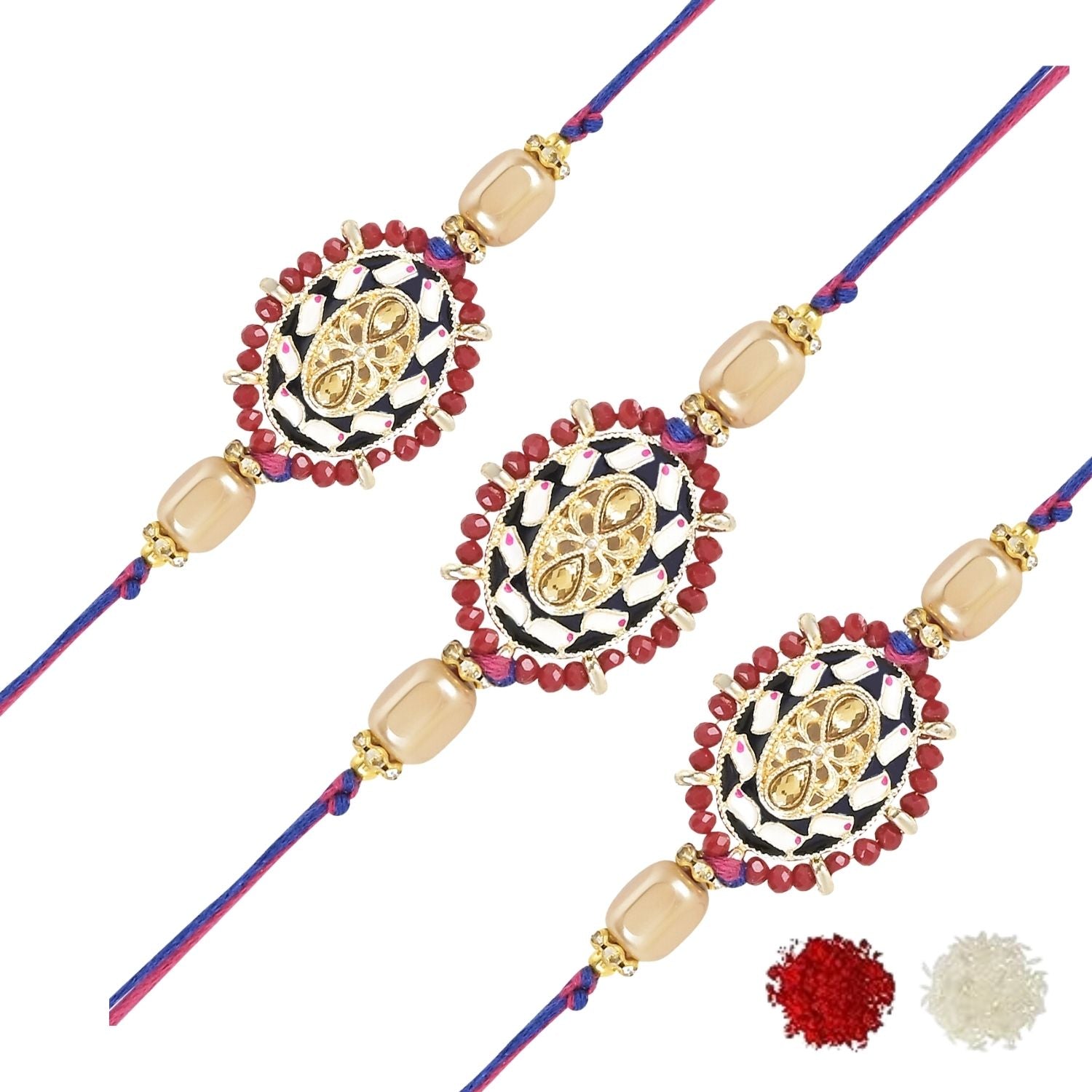 Beautiful Kundan & Pearl Rakhi with Roli Chawal & Card (Pack of 3)