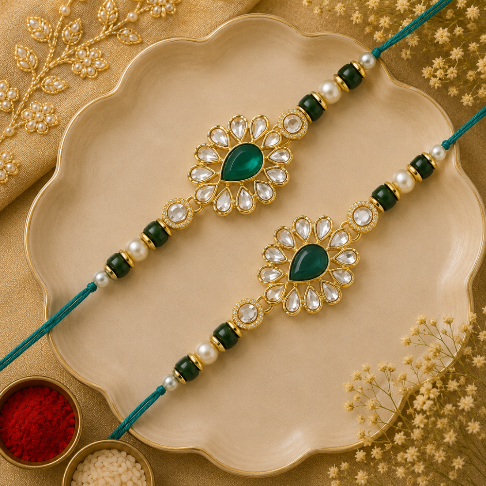 Beautiful Kundan & Pearl Rakhi with Roli Chawal & Card (Pack of 2)
