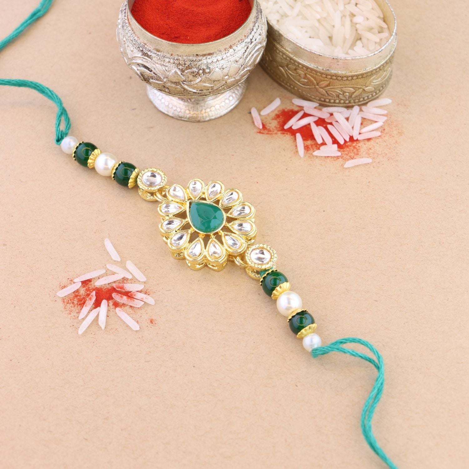 Beautiful Kundan & Pearl Rakhi with Roli Chawal & Card