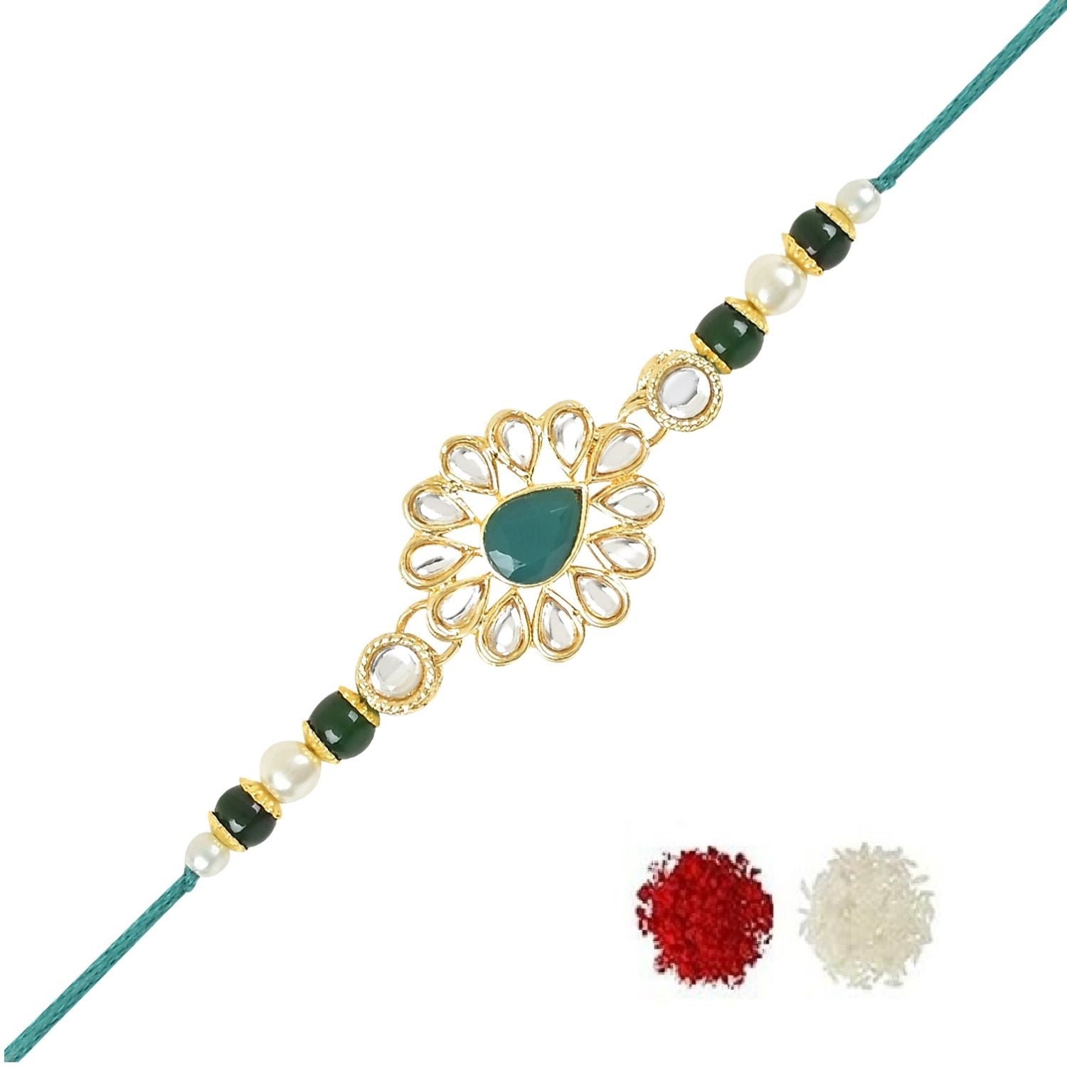Beautiful Kundan & Pearl Rakhi with Roli Chawal & Card