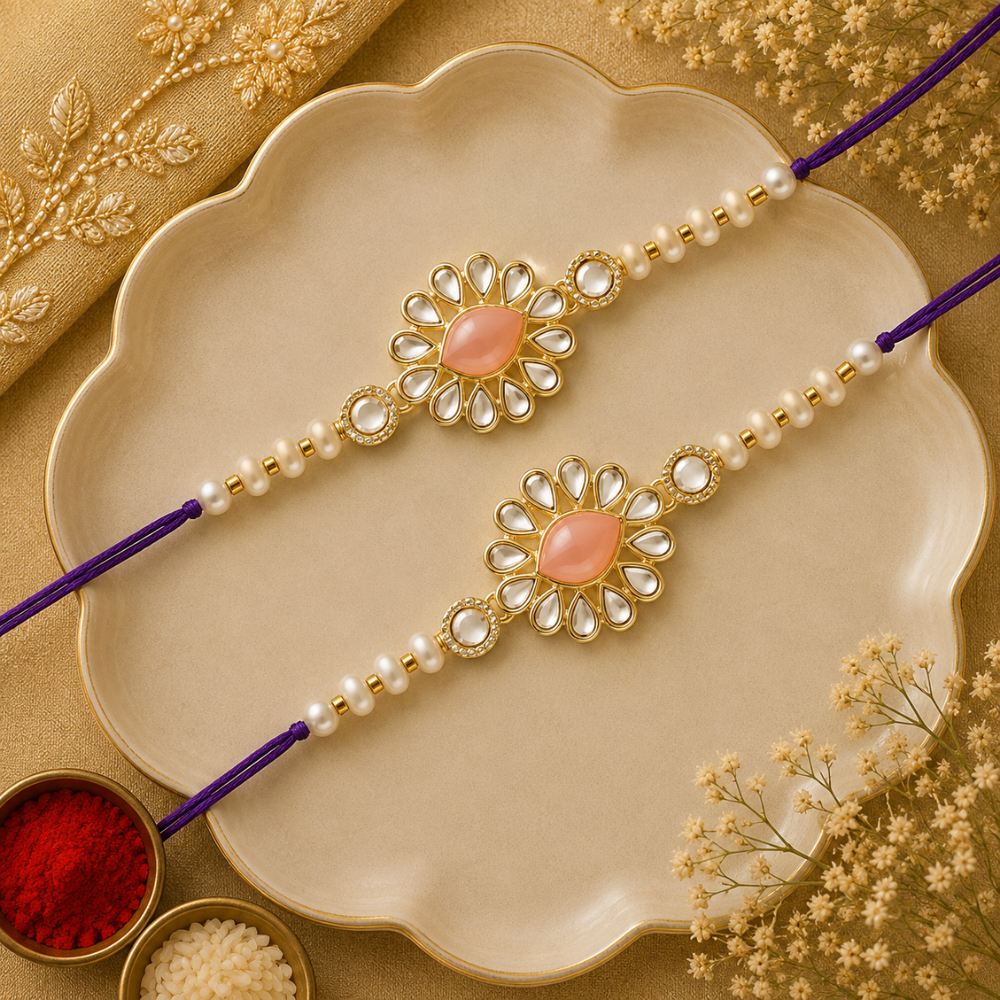 Beautiful Kundan & Pearl Rakhi with Roli Chawal & Card (Pack of 2)