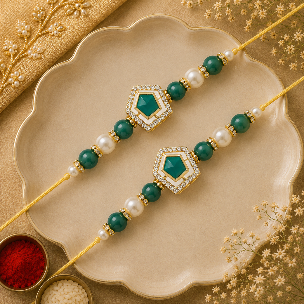 Beautiful Kundan & Pearl Rakhi with Roli Chawal & Card
