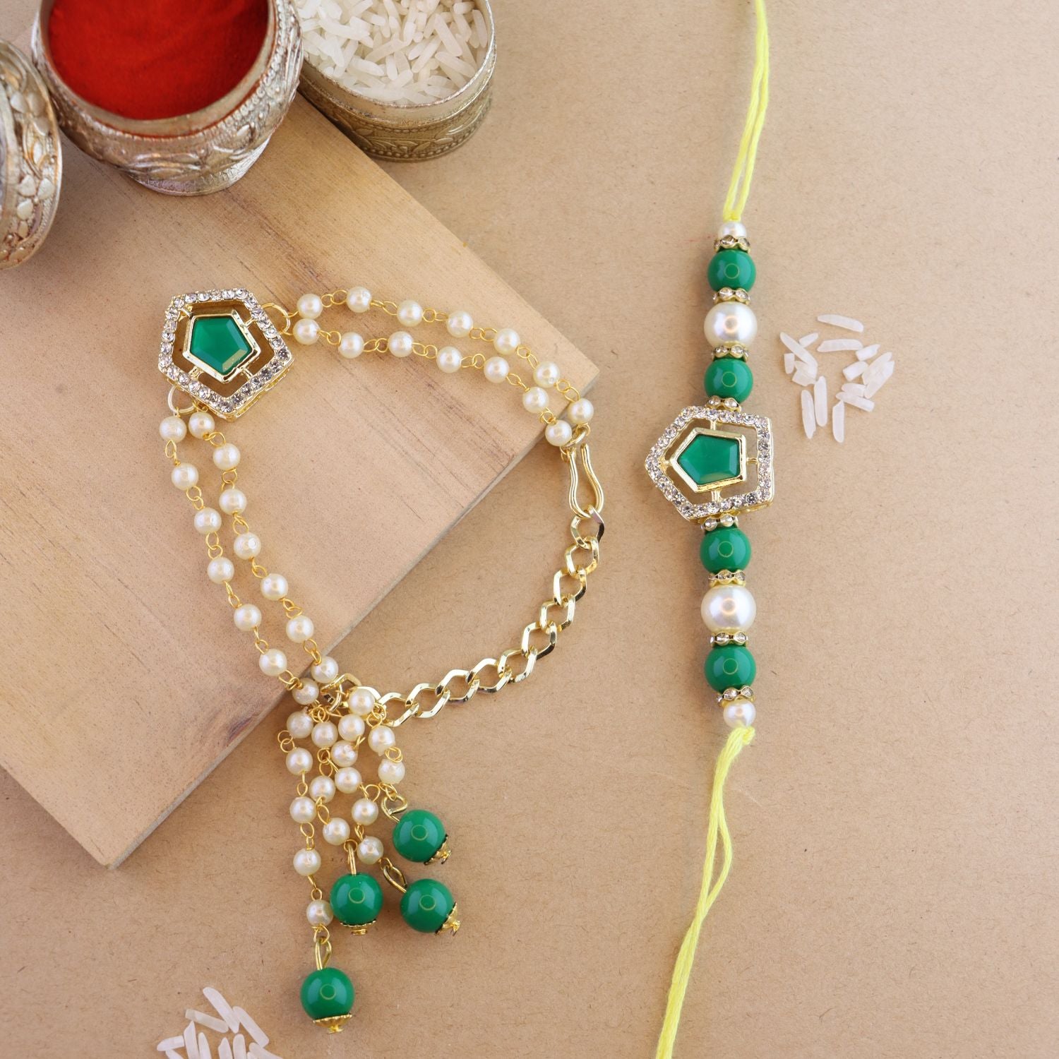 Elegant Bhaiya Bhabhi Lumba & Pearl Rakhi With Roli Chawal & Card