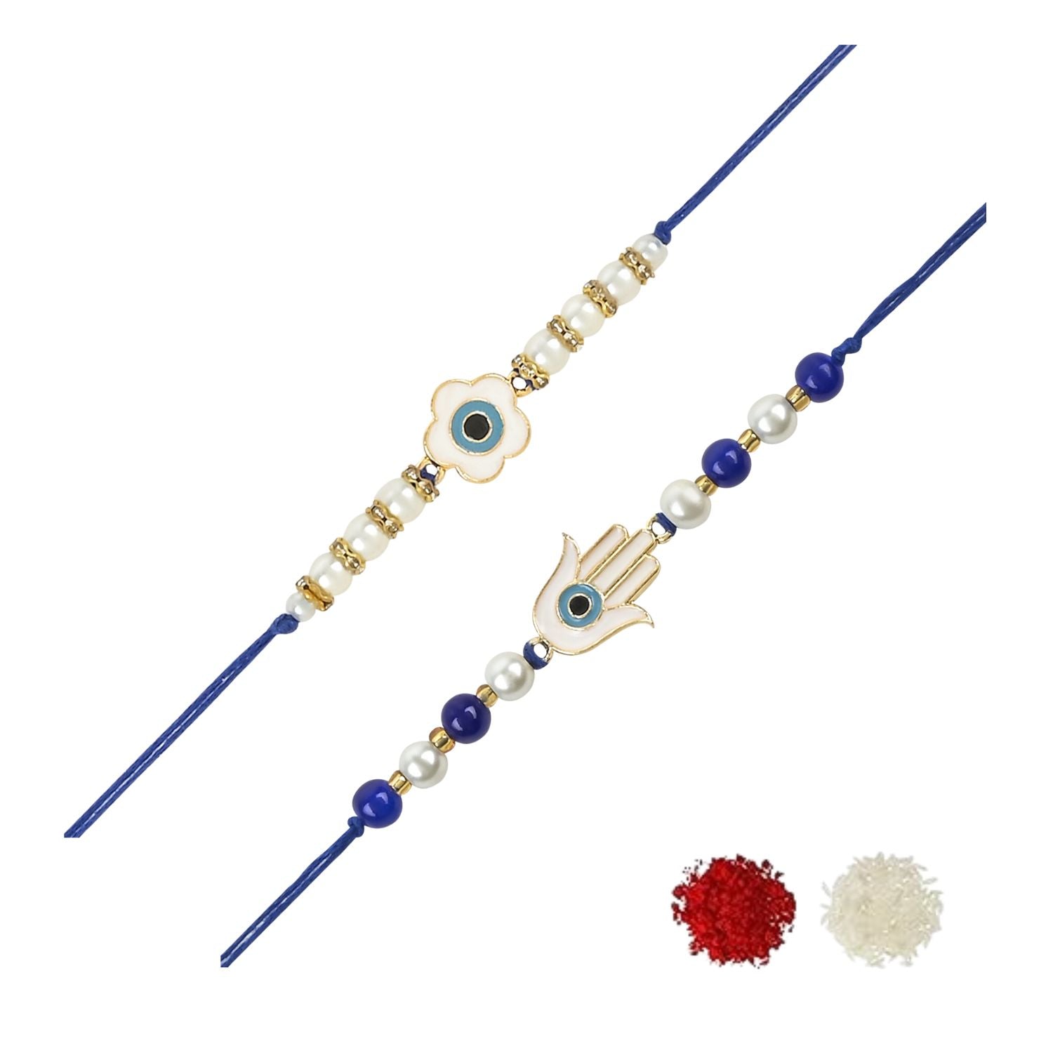 Floral and Hamsa Shape Enamel Bhaiya Rakhi With Roli Chawal & Card (Pack of 2)