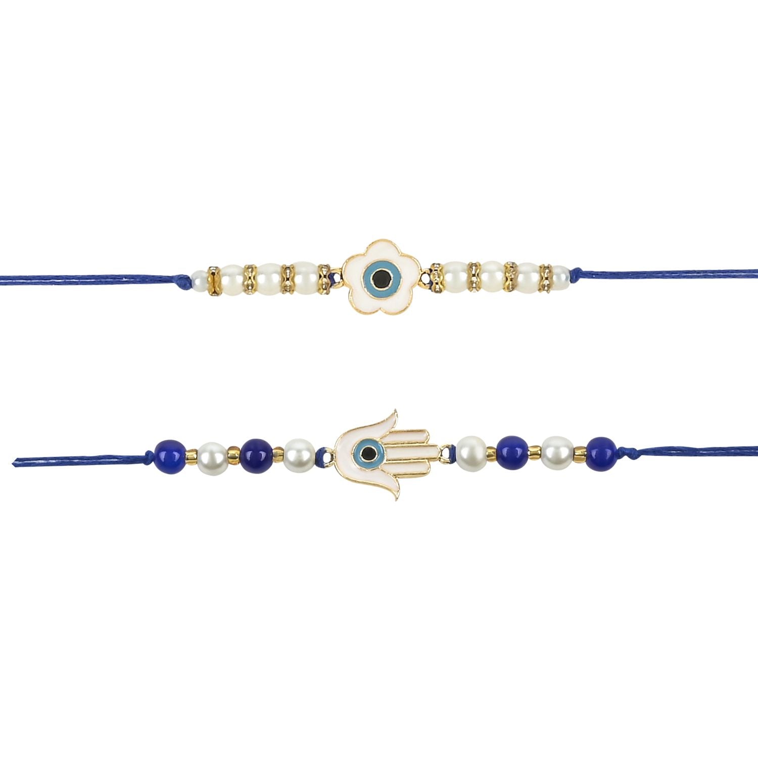 Floral and Hamsa Shape Enamel Bhaiya Rakhi With Roli Chawal & Card (Pack of 2)