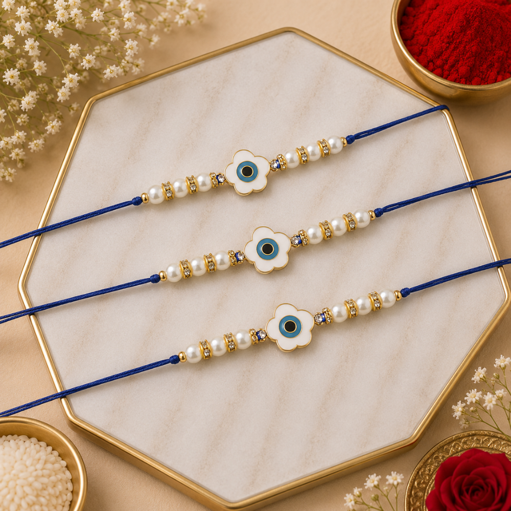 Floral Shape Enamel Bhaiya Rakhi With Roli Chawal & Card (Pack of 3)