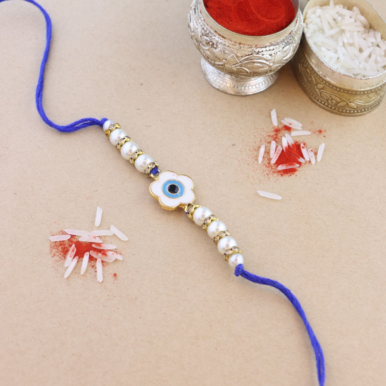 Floral Shape Enamel Bhaiya Rakhi With Roli Chawal & Card