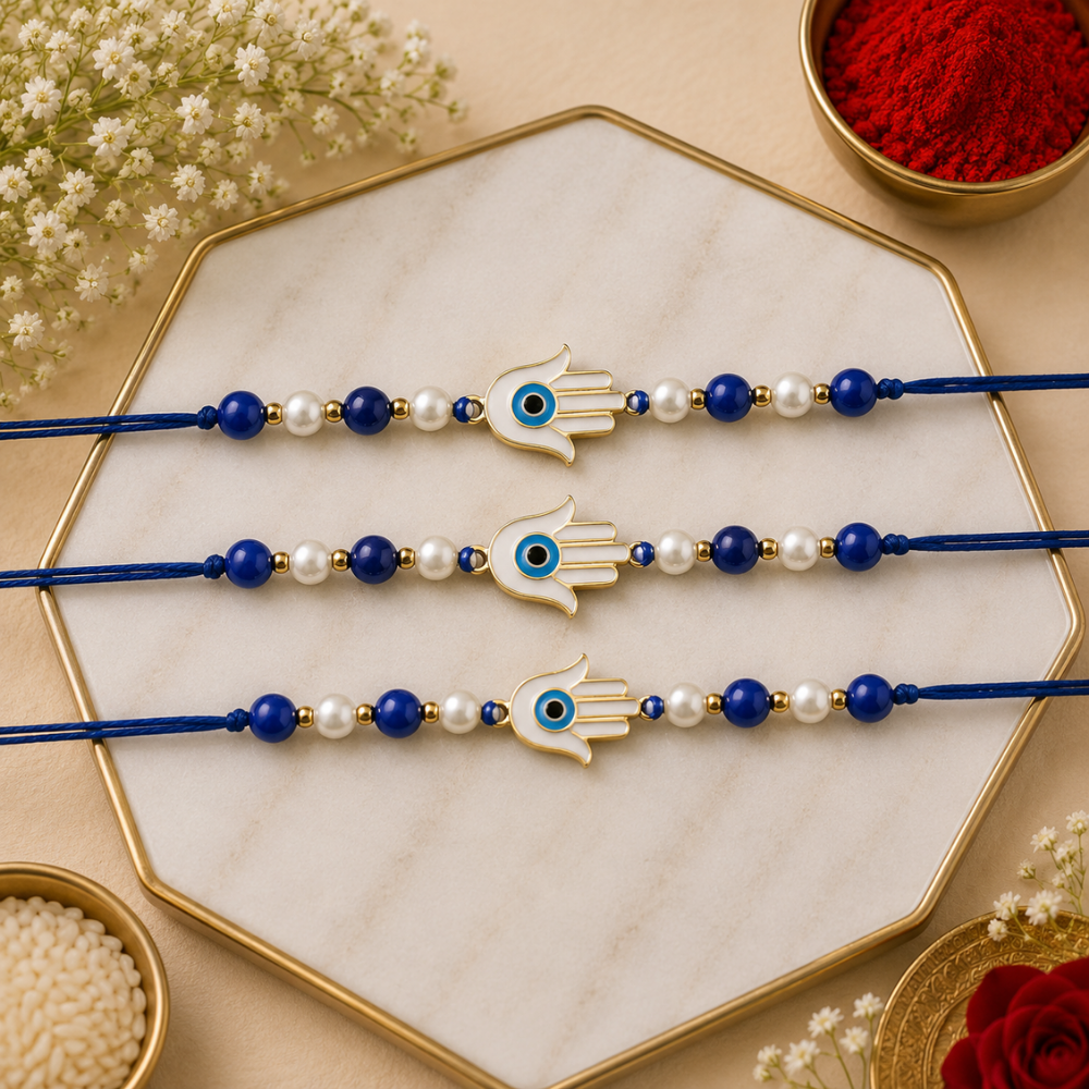 Hamsa Shape Enamel Bhaiya Rakhi With Roli Chawal & Card (Pack of 3)