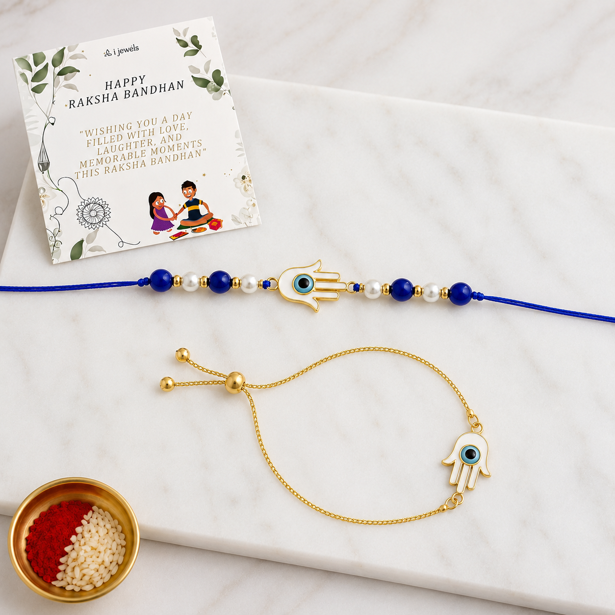 Hamsa Shape Enamel Bhaiya Bhabhi Lumba Bracelet & Rakhi With Roli Chawal & Card