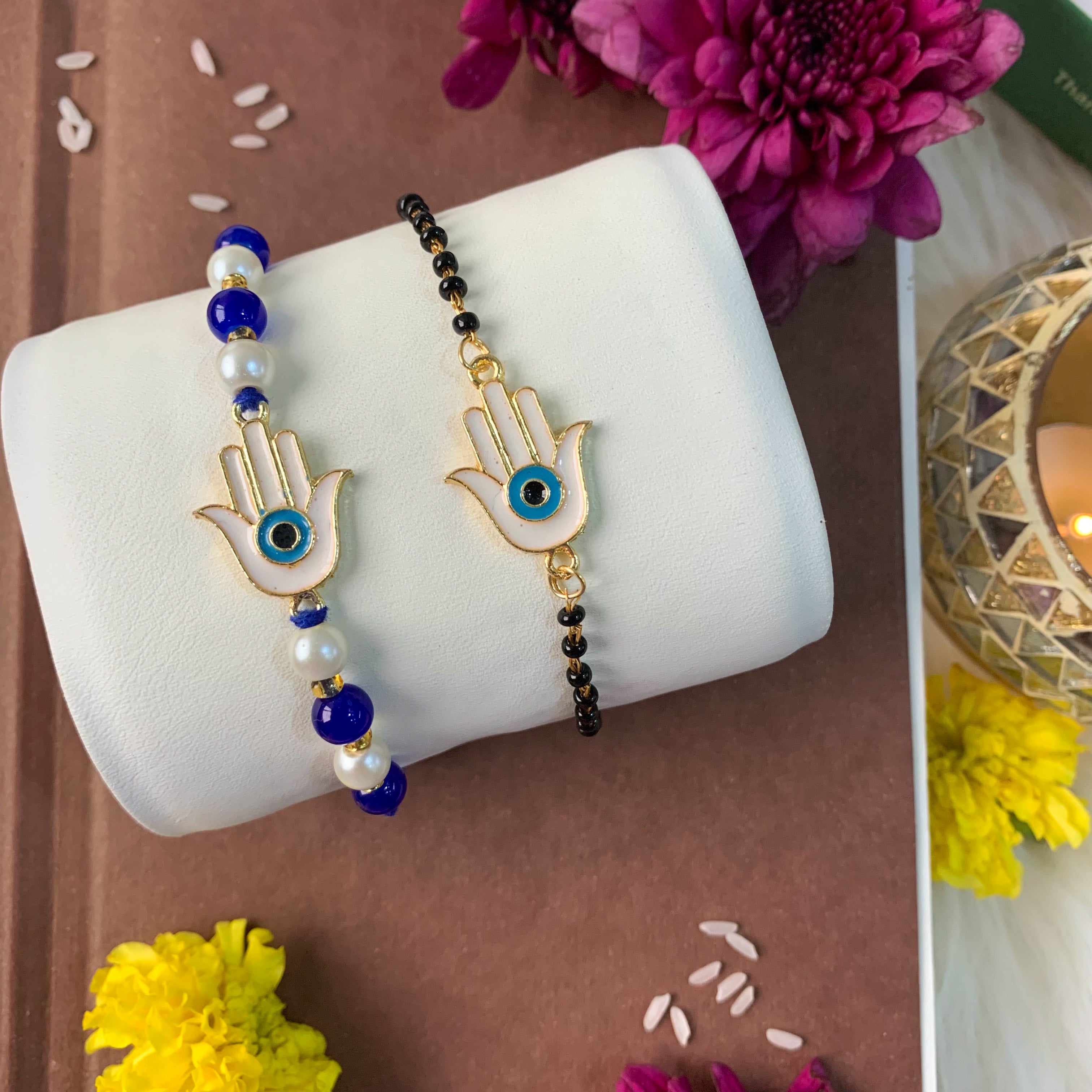 Hamsa Shape Enamel Bhaiya Bhabhi Lumba Mangalsutra Bracelet & Rakhi With Roli Chawal & Card