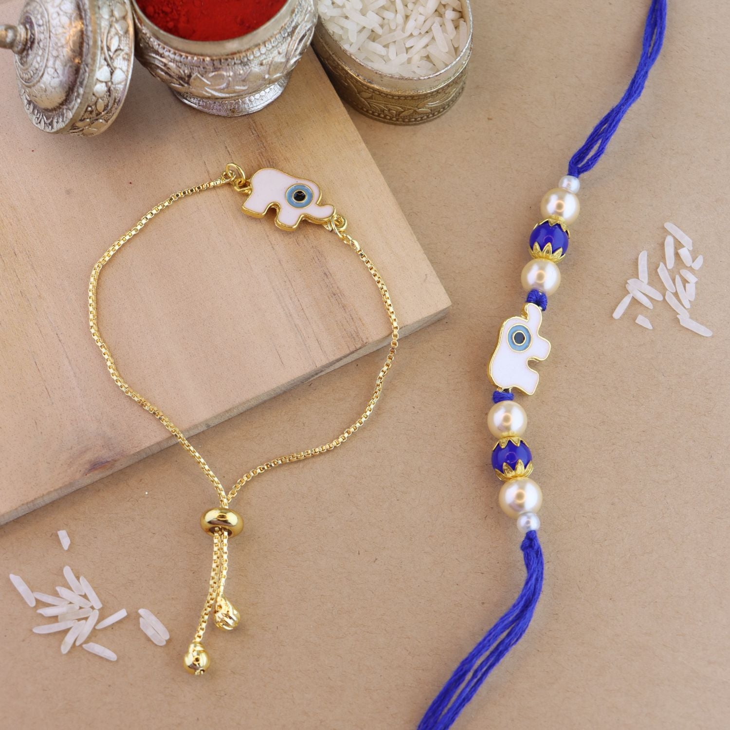 Elephant Shape Enamel Bhaiya Bhabhi Lumba Bracelet & Rakhi With Roli Chawal & Card