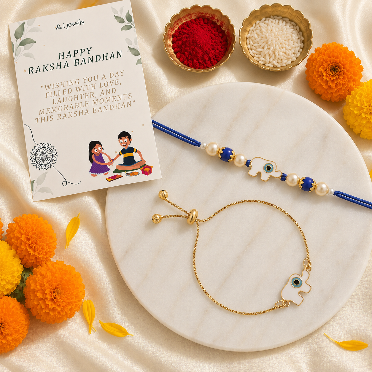 Elephant Shape Enamel Bhaiya Bhabhi Lumba Bracelet & Rakhi With Roli Chawal & Card