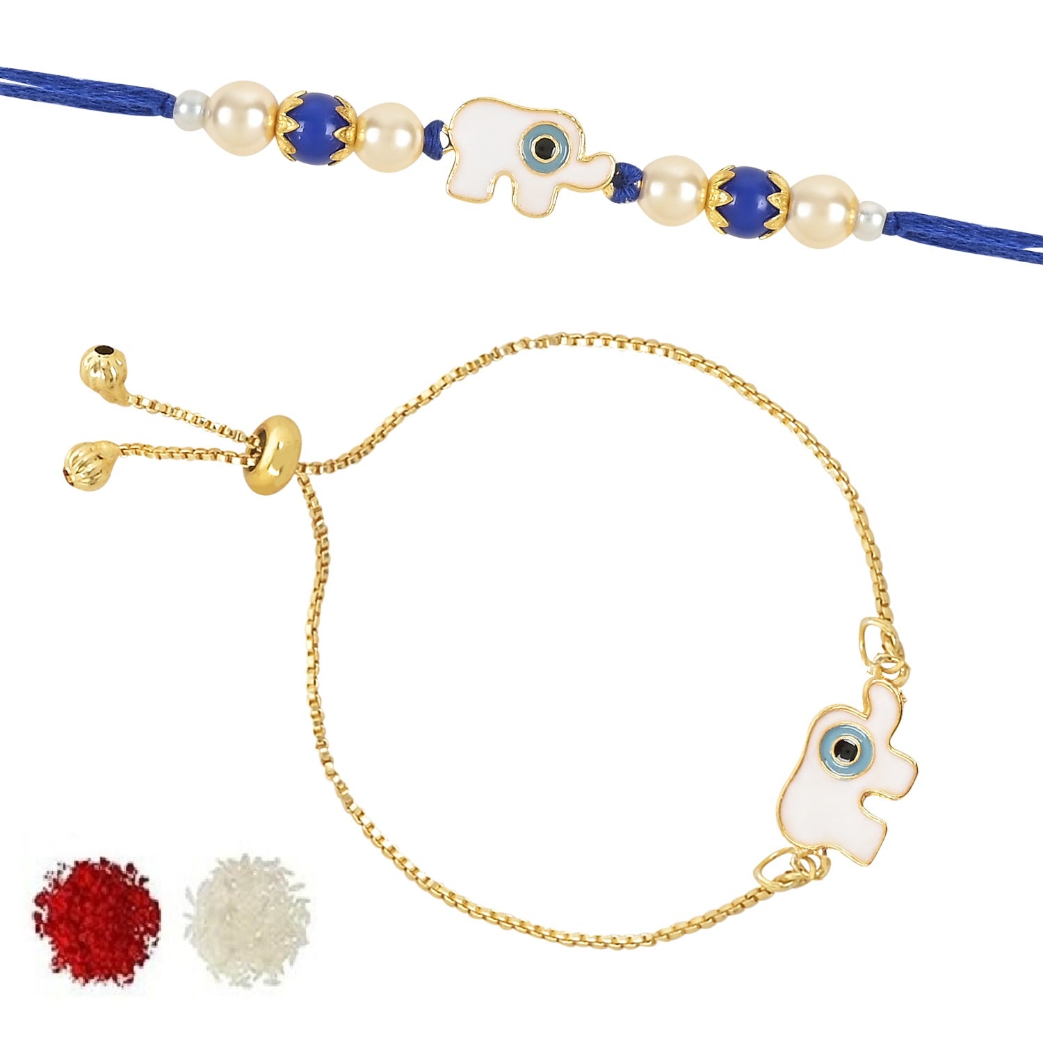 Elephant Shape Enamel Bhaiya Bhabhi Lumba Bracelet & Rakhi With Roli Chawal & Card