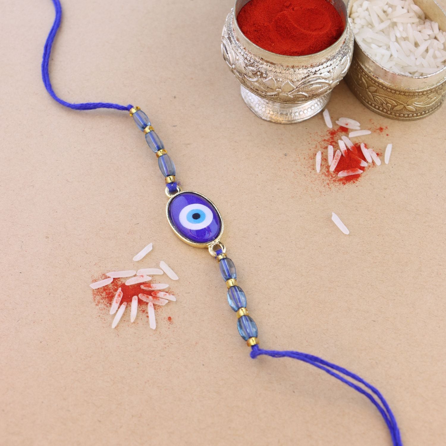 Evil Eye Shape Bhaiya Rakhi With Roli Chawal & Card