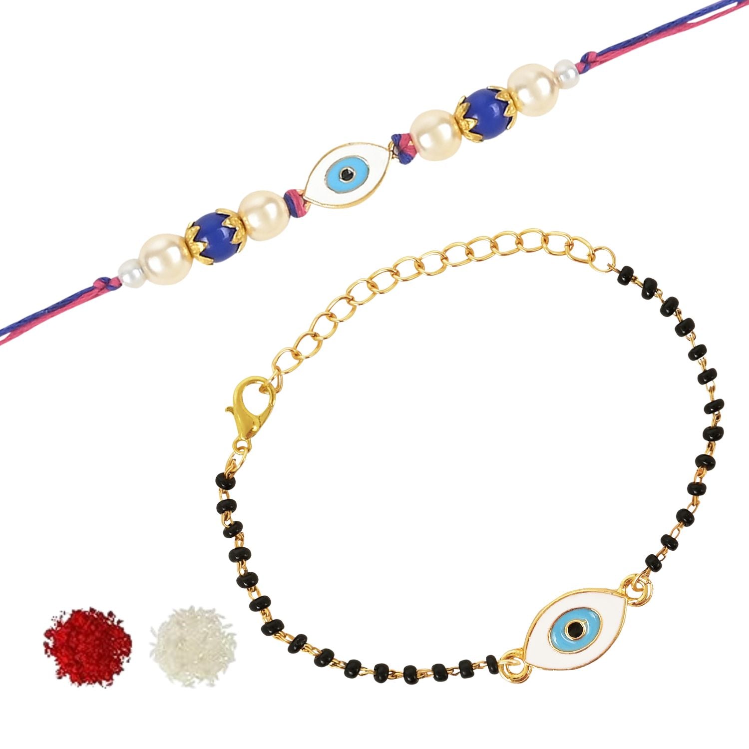 Evil Eye Shape Enamel Bhaiya Bhabhi Lumba Mangalsutra Bracelet & Rakhi With Roli Chawal & Card