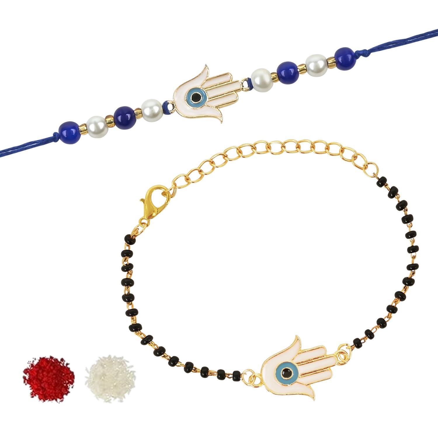 Hamsa Shape Enamel Bhaiya Bhabhi Lumba Mangalsutra Bracelet & Rakhi With Roli Chawal & Card