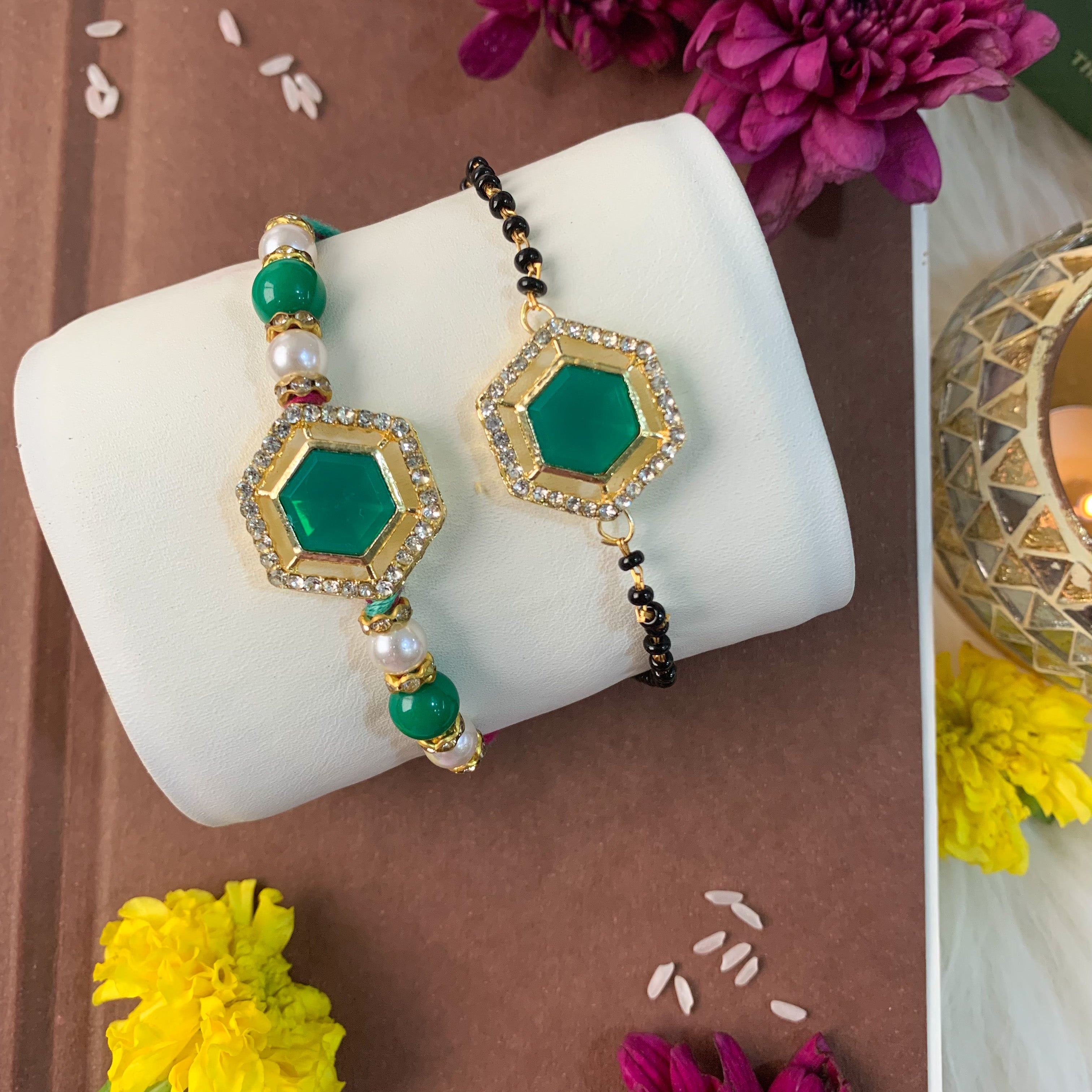 Elegant Bhaiya Bhabhi Pearl Lumba Mangalsutra Bracelet & Rakhi With Roli Chawal & Card