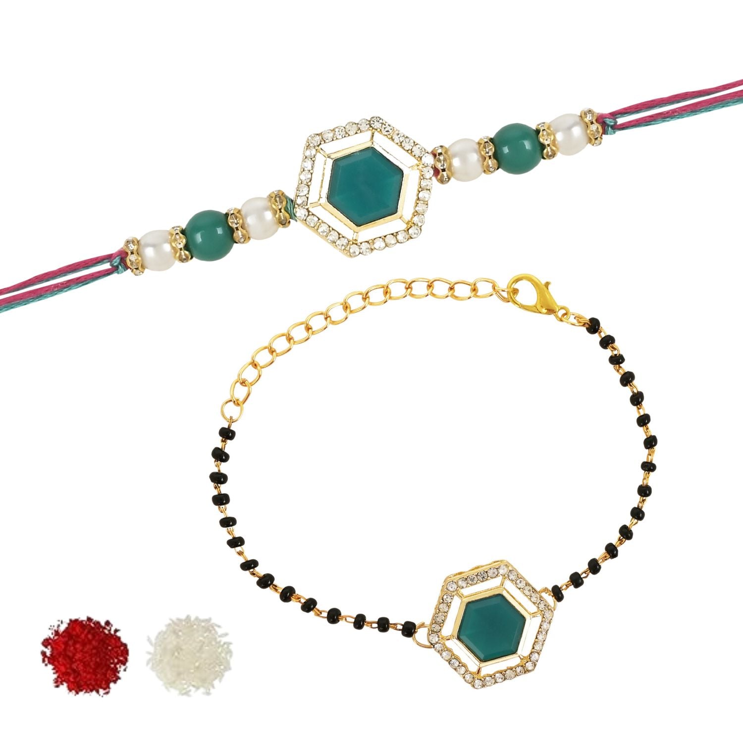 Elegant Bhaiya Bhabhi Pearl Lumba Mangalsutra Bracelet & Rakhi With Roli Chawal & Card