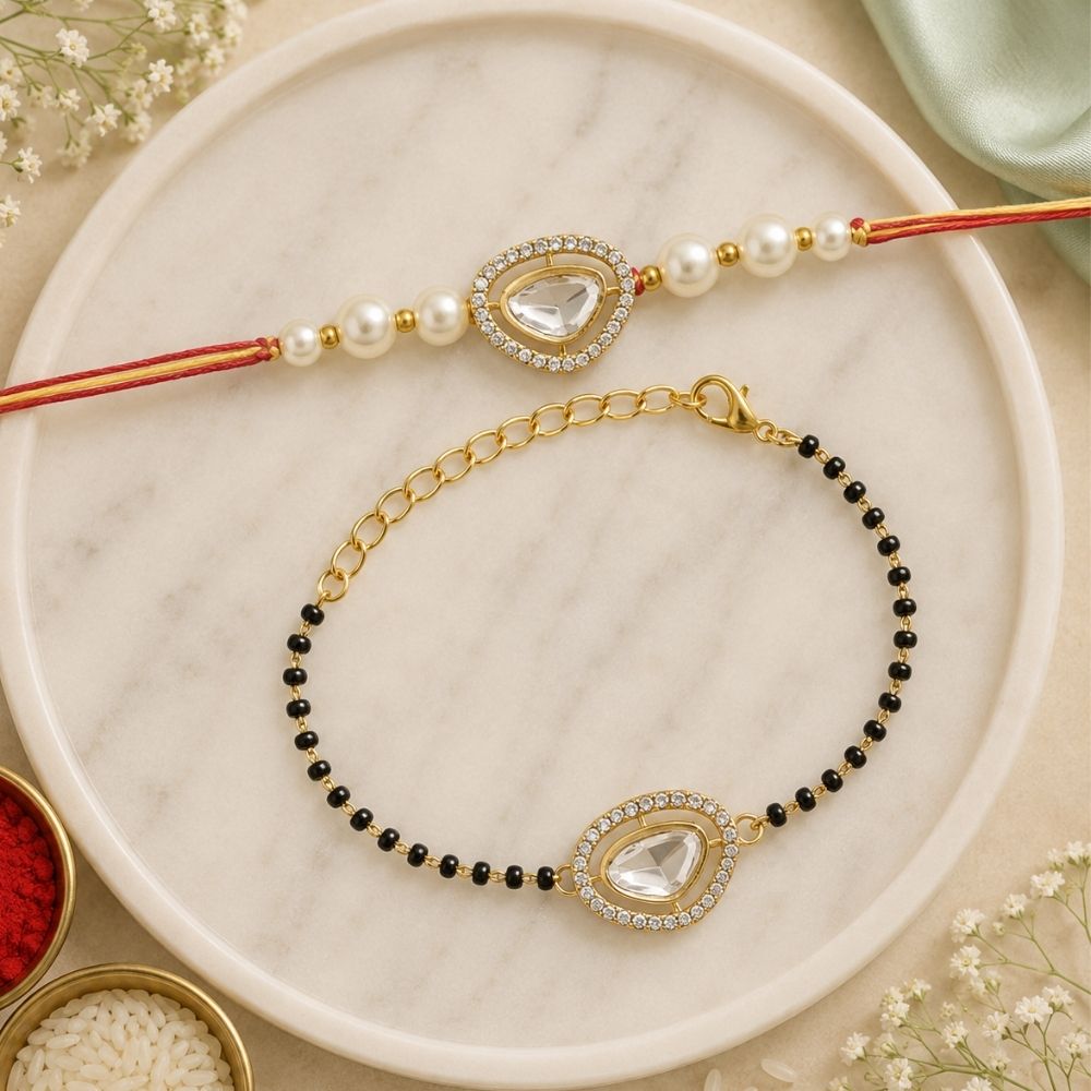 Elegant Bhaiya Bhabhi Pearl Lumba Mangalsutra Bracelet & Rakhi With Roli Chawal & Card