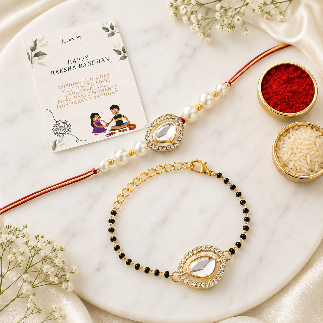 Elegant Bhaiya Bhabhi Pearl Lumba Mangalsutra Bracelet & Rakhi With Roli Chawal & Card