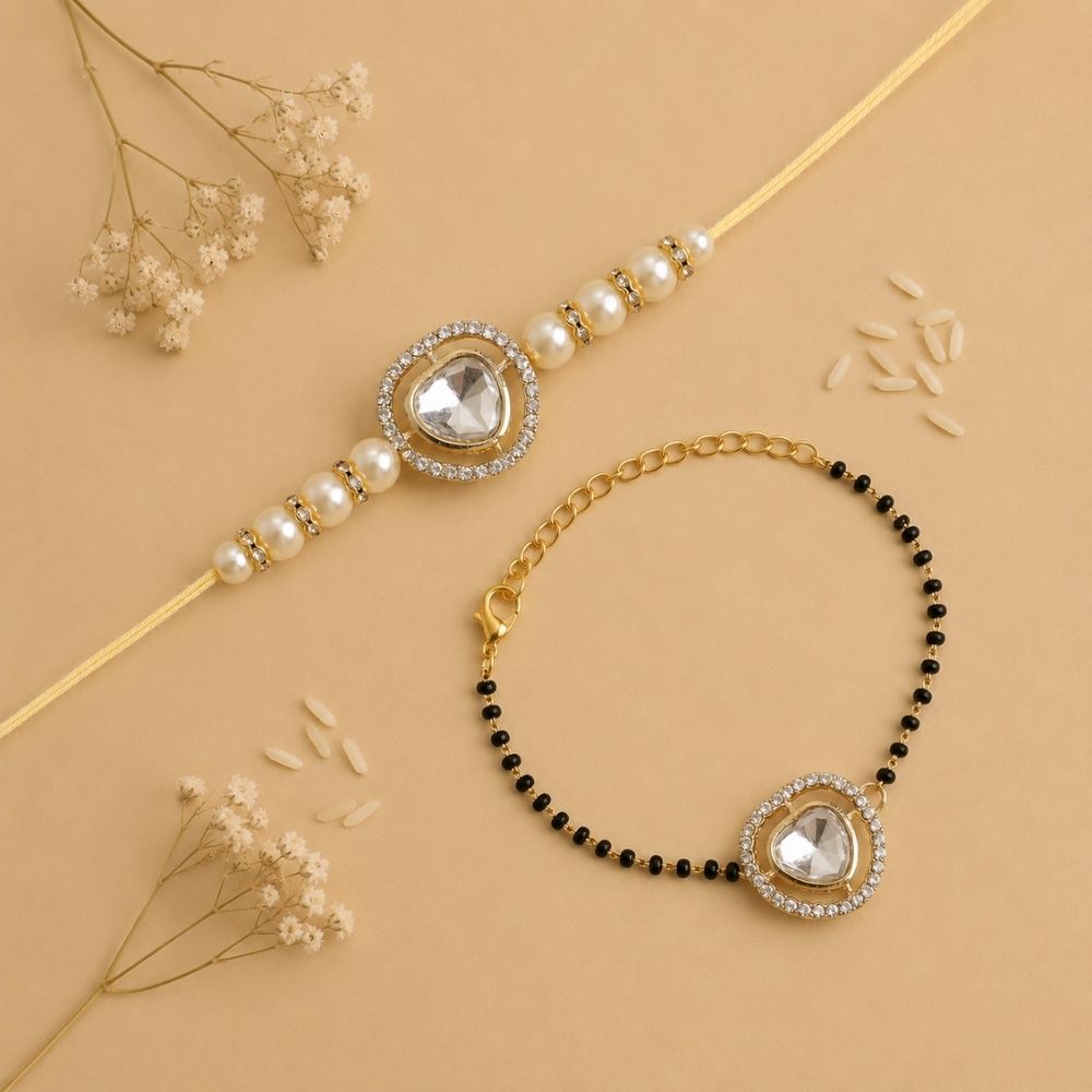 Elegant Bhaiya Bhabhi Pearl Lumba Mangalsutra Bracelet & Rakhi With Roli Chawal & Card