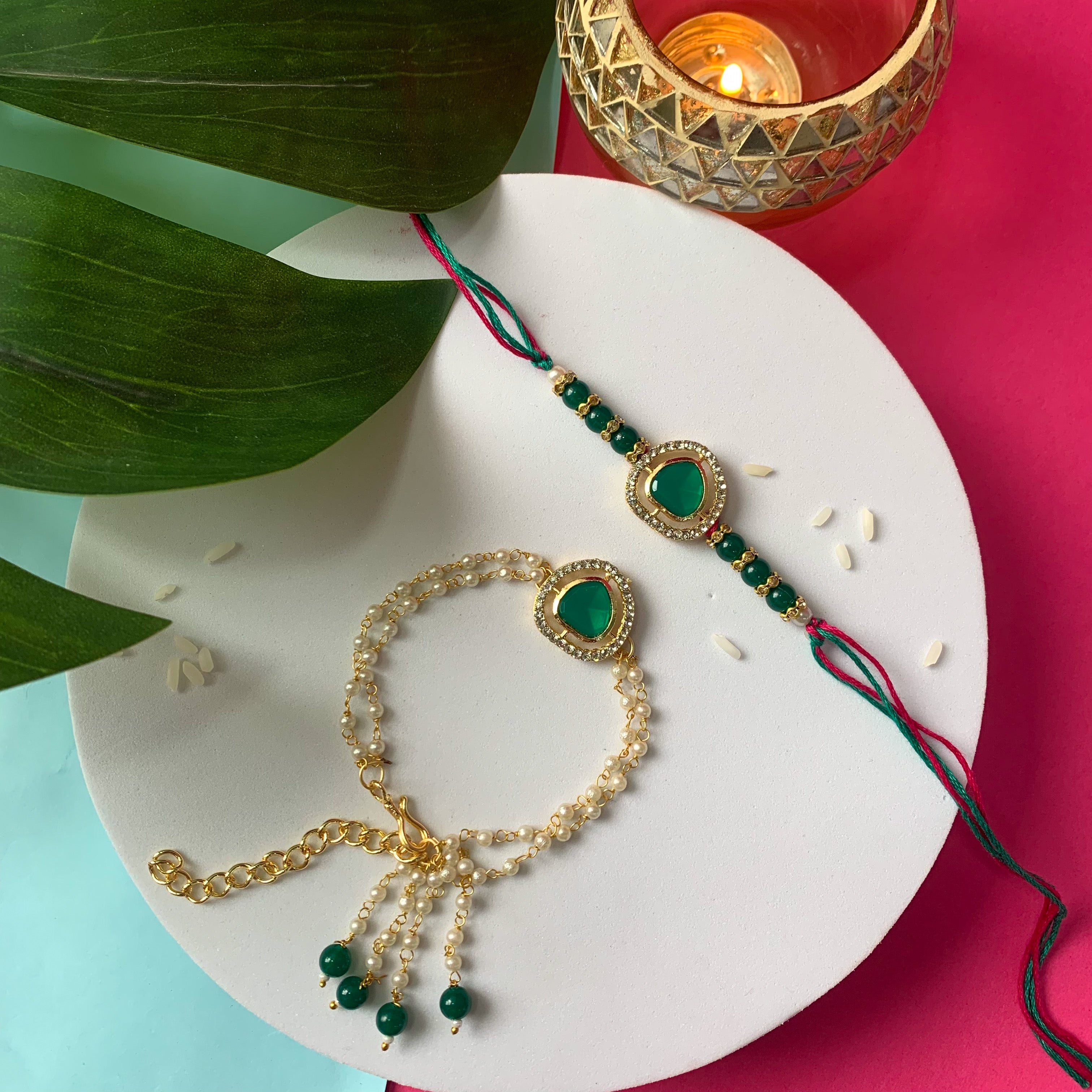 Elegant Bhaiya Bhabhi Lumba & Pearl Rakhi With Roli Chawal & Card