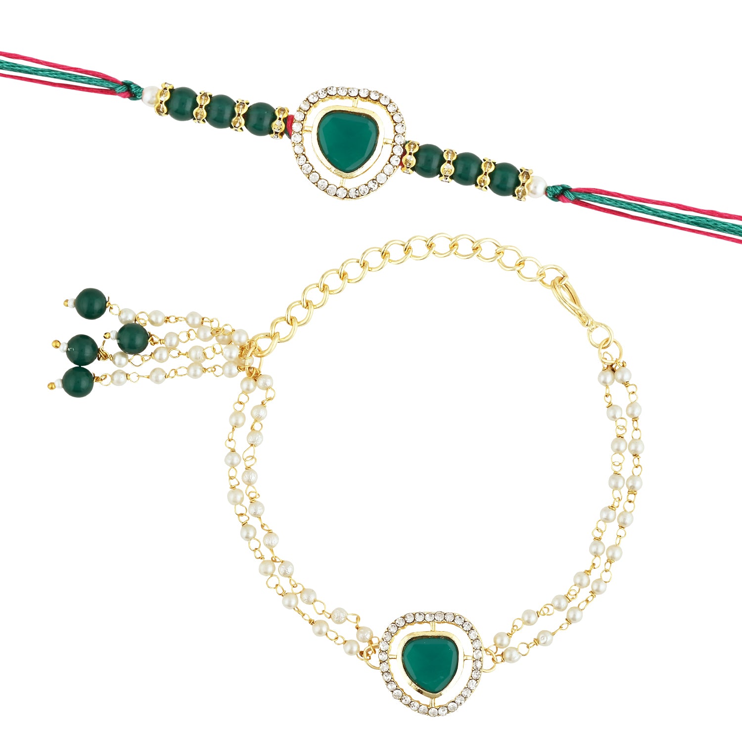 Elegant Bhaiya Bhabhi Lumba & Pearl Rakhi With Roli Chawal & Card