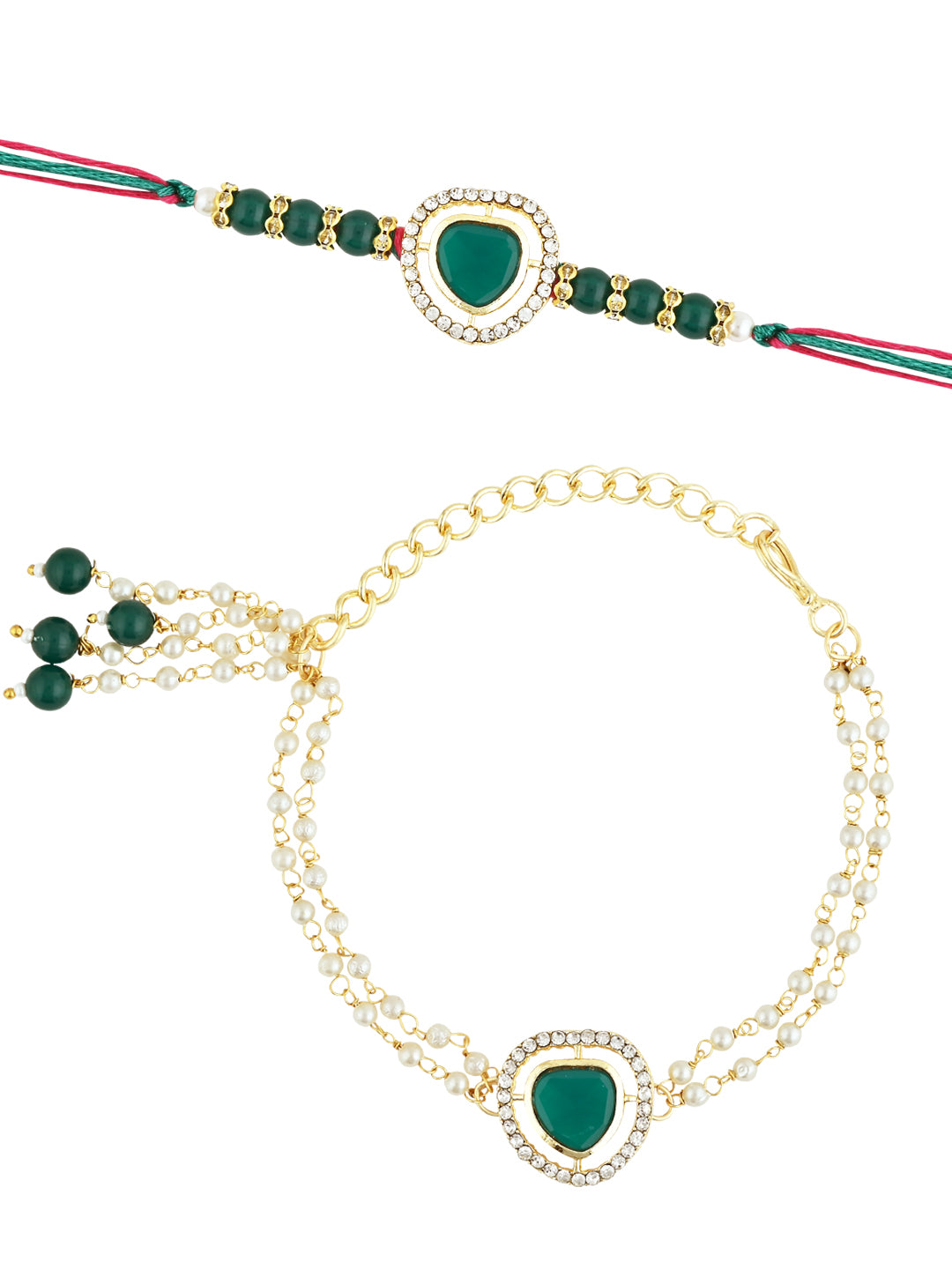 Elegant Bhaiya Bhabhi Lumba & Pearl Rakhi With Roli Chawal & Card