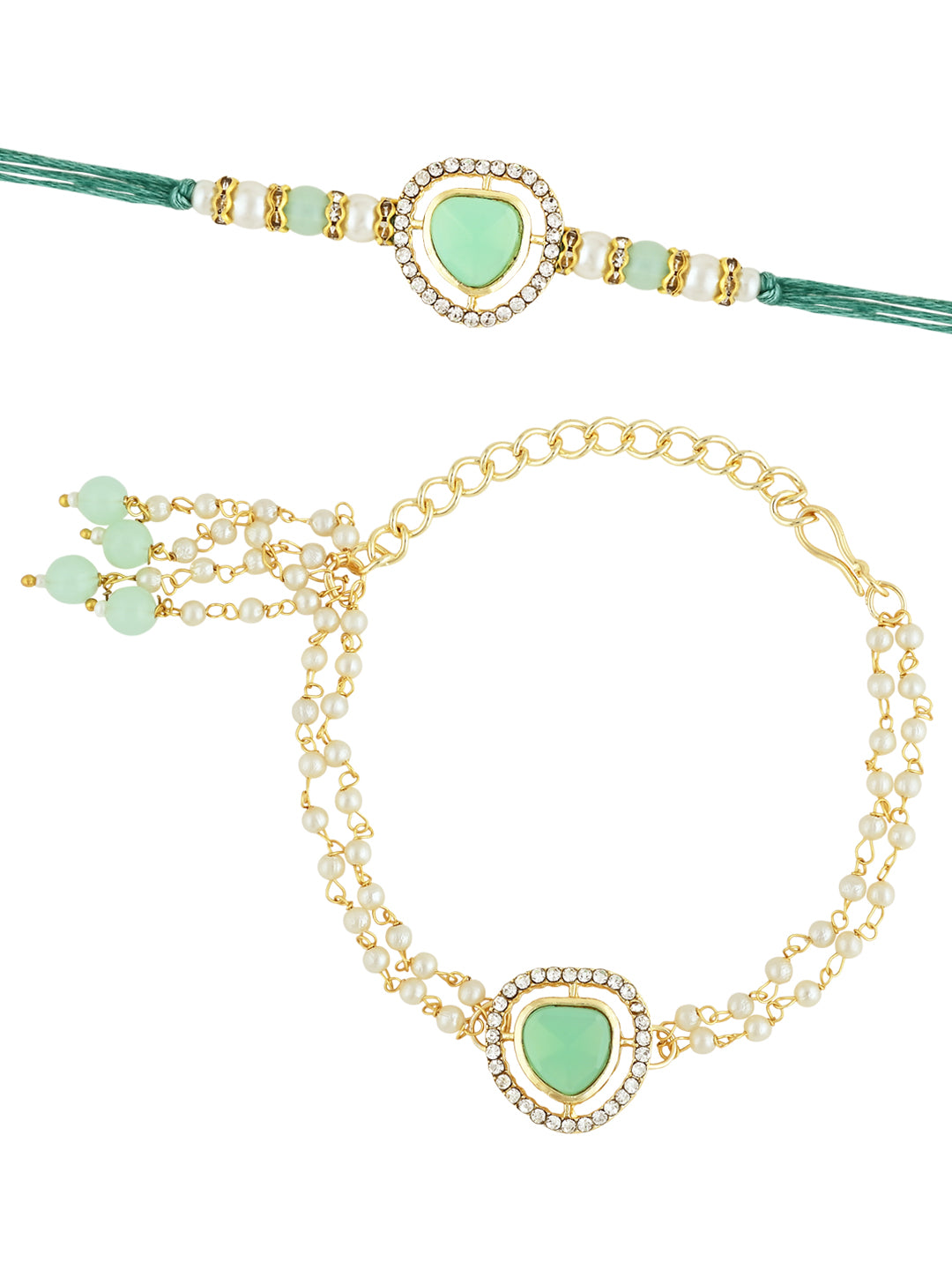 Elegant Bhaiya Bhabhi Lumba & Pearl Rakhi With Roli Chawal & Card
