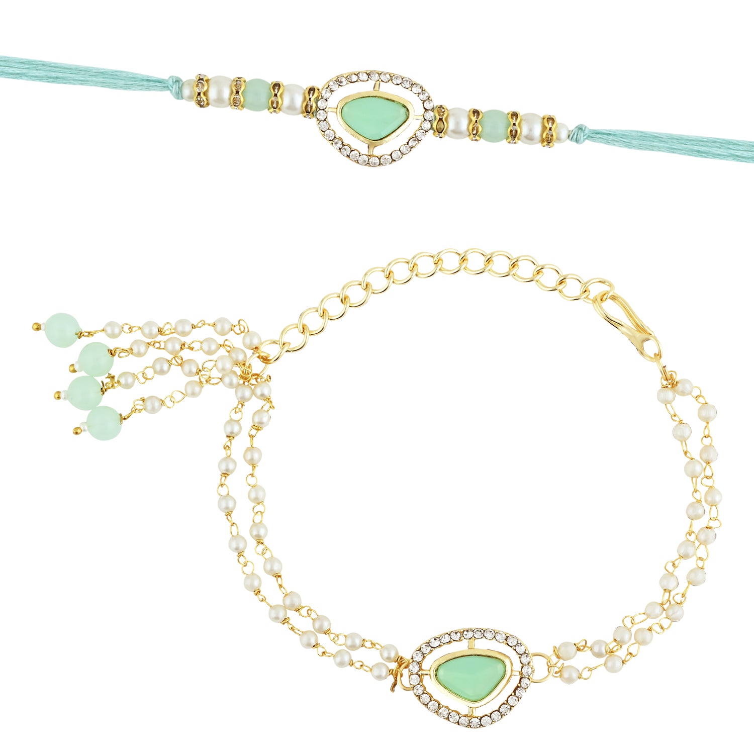 Elegant Bhaiya Bhabhi Lumba & Pearl Rakhi With Roli Chawal & Card