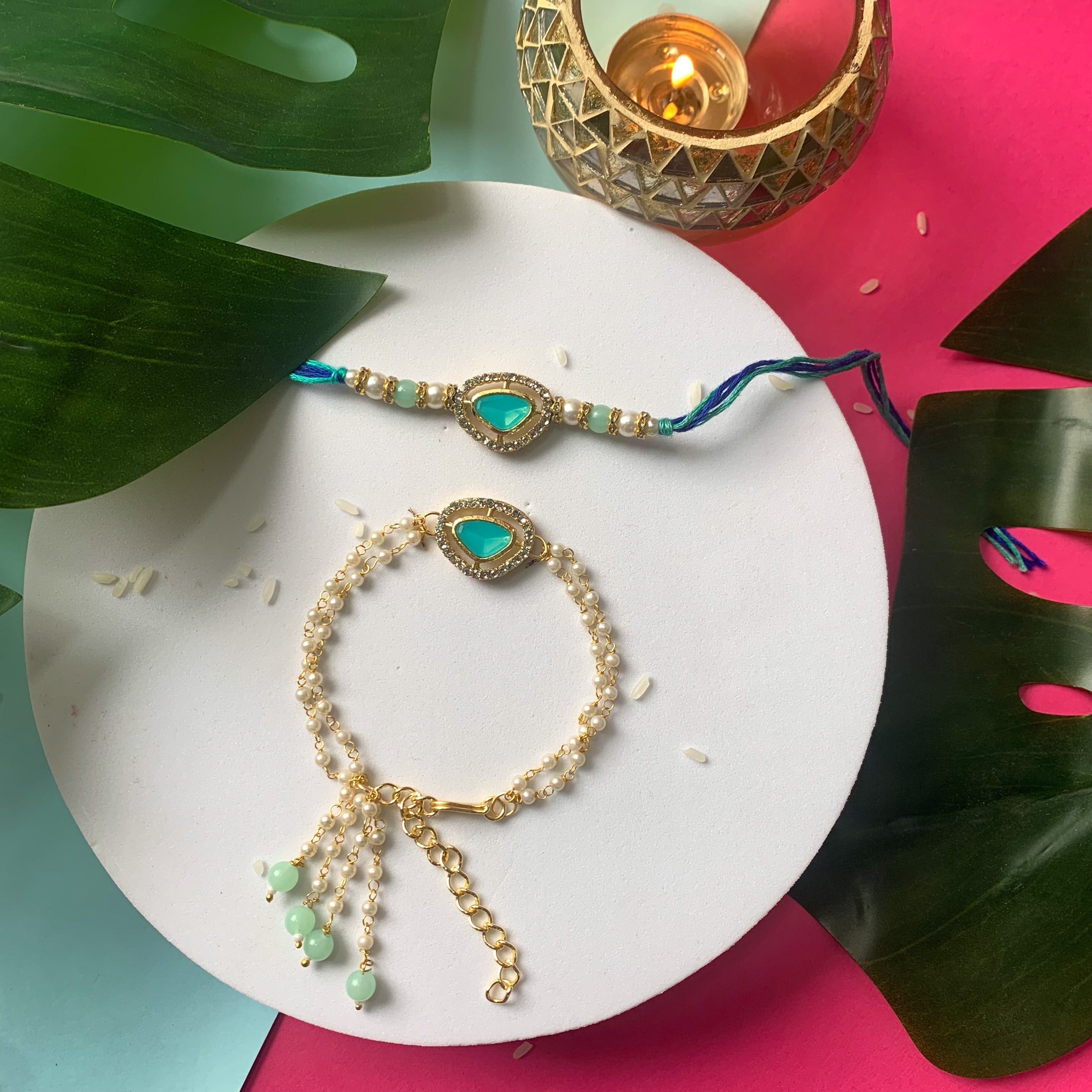 Elegant Bhaiya Bhabhi Lumba Pearl & Rakhi With Roli Chawal & Card