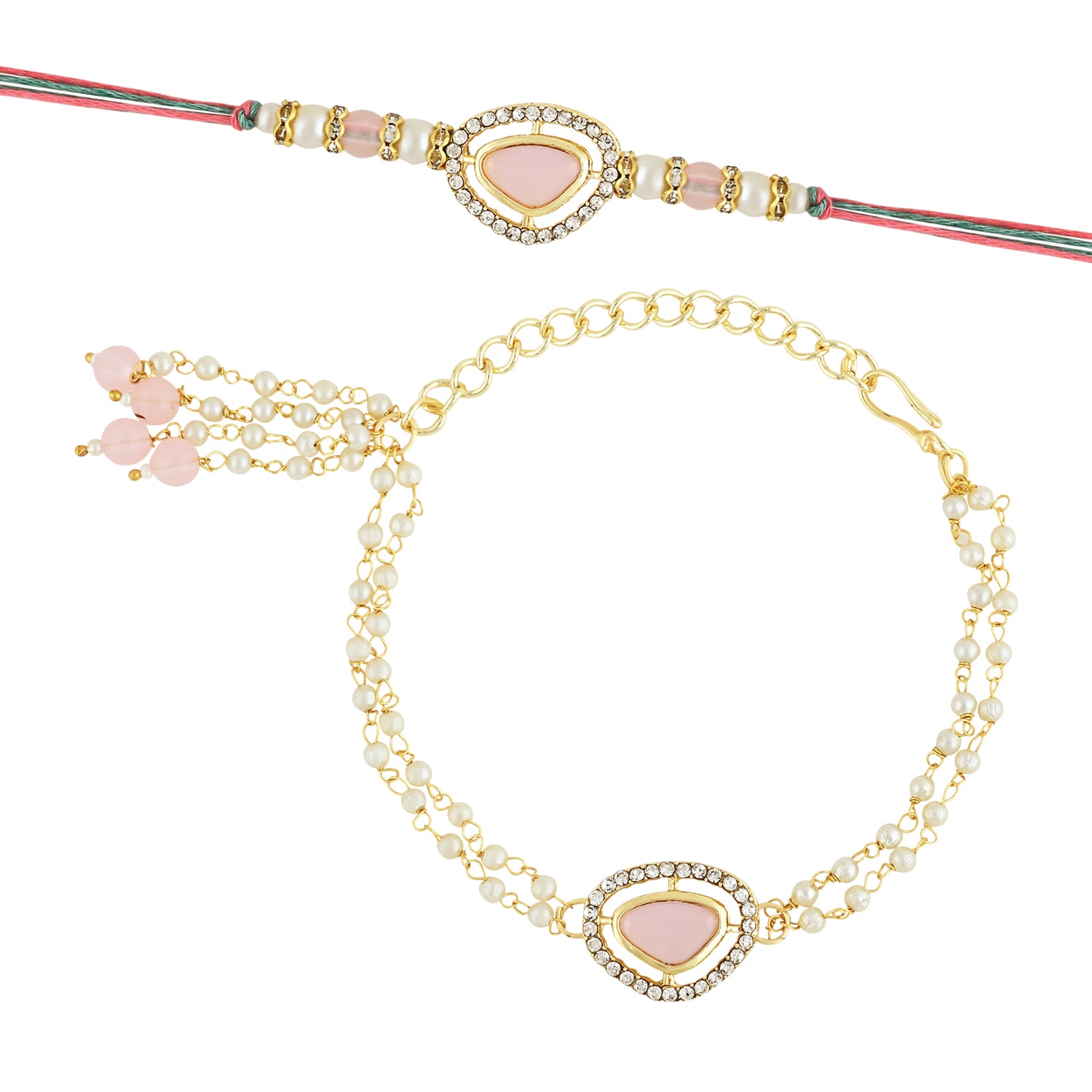Elegant Bhaiya Bhabhi Lumba Pearl & Rakhi With Roli Chawal & Card