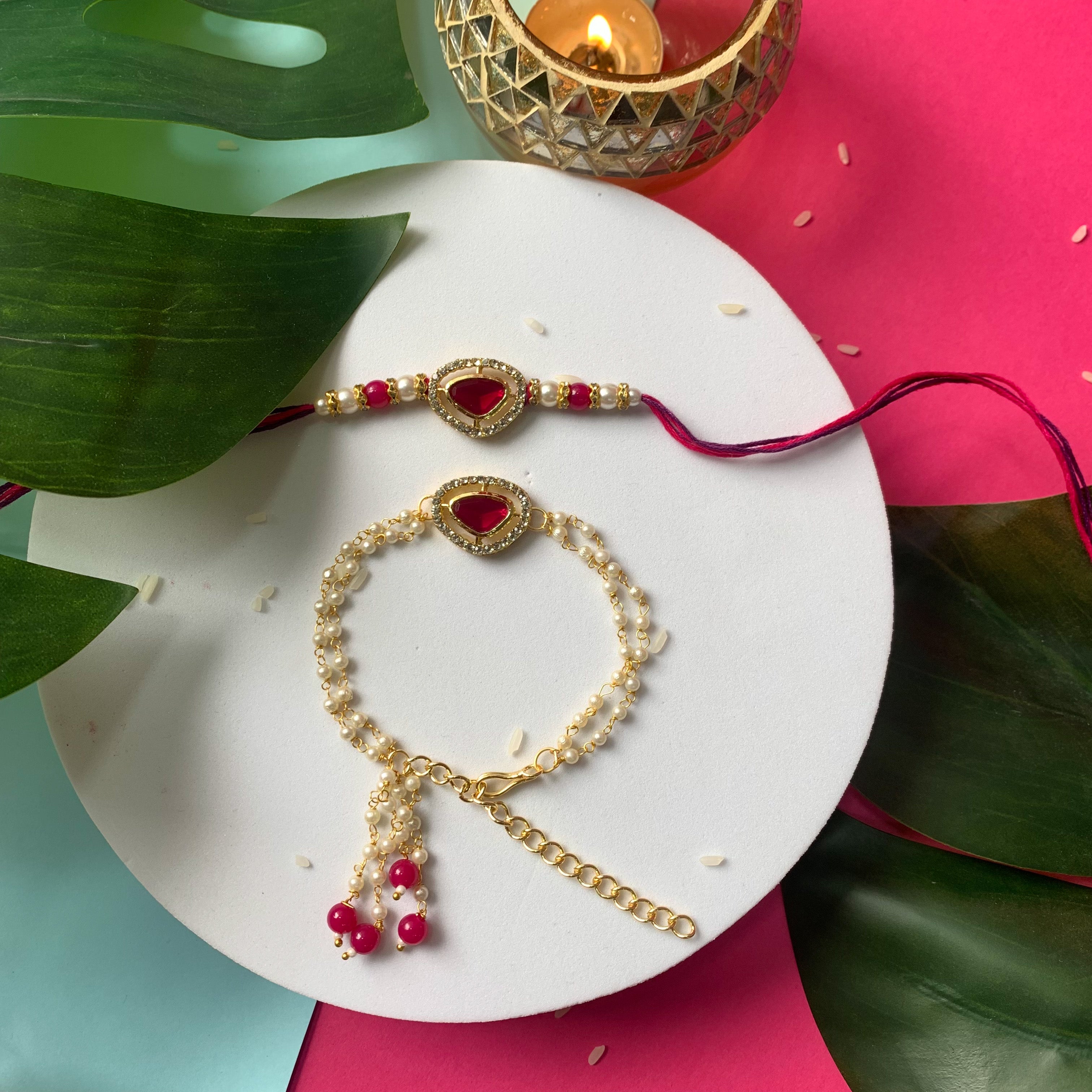 Elegant Bhaiya Bhabhi Lumba Pearl & Rakhi With Roli Chawal & Card