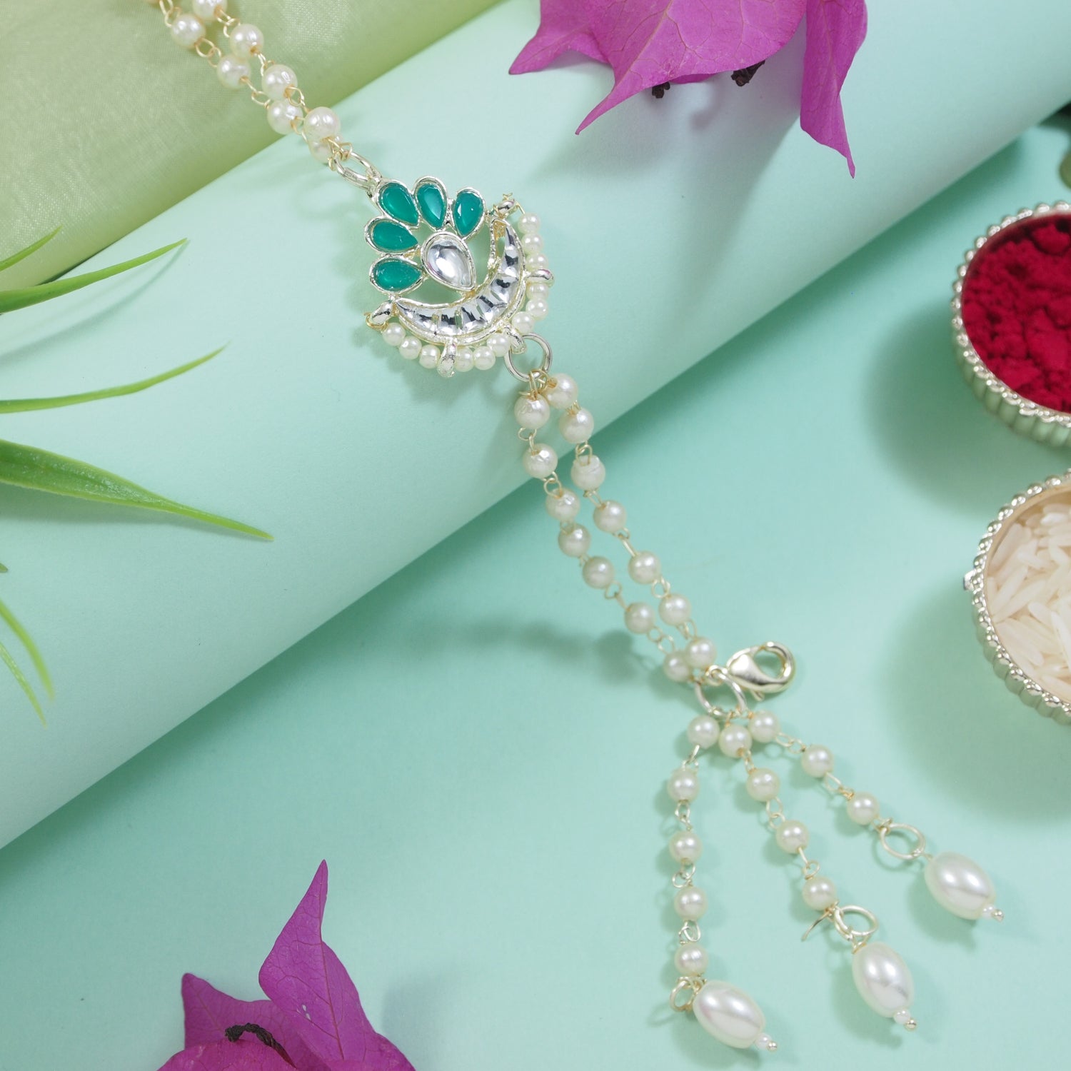 Green Pearl & Kundan Adjustable Bracelet