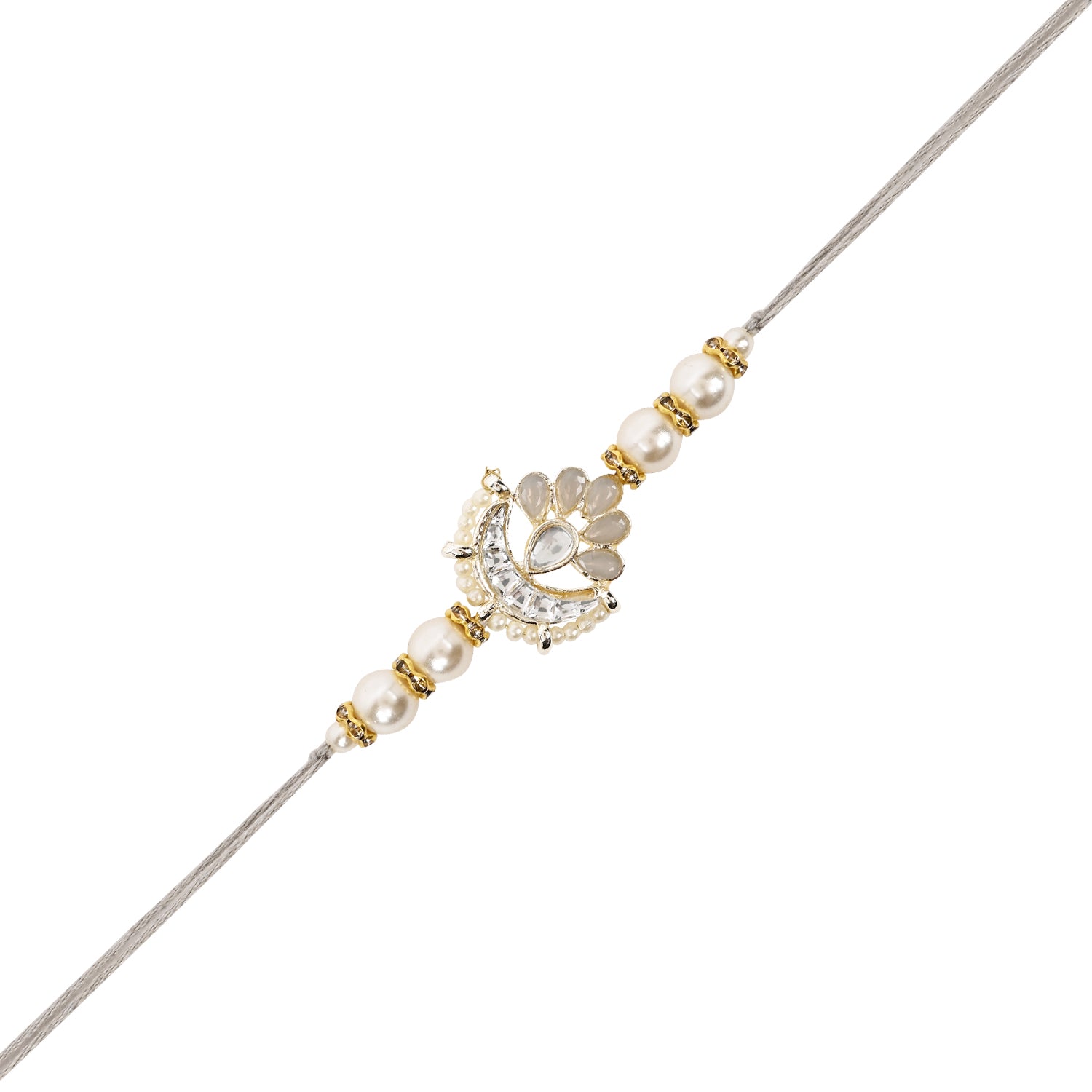 Elegant Bhaiya Bhabhi Lumba Pearl Grey Rakhi With Roli Chawal &Card