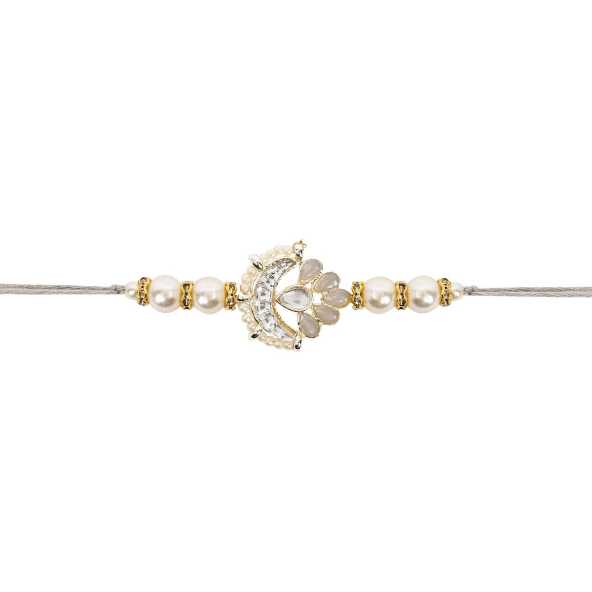 Delicate Pearl Beads Grey Rakhi with Roli Chawal & Rakshabandhan Card