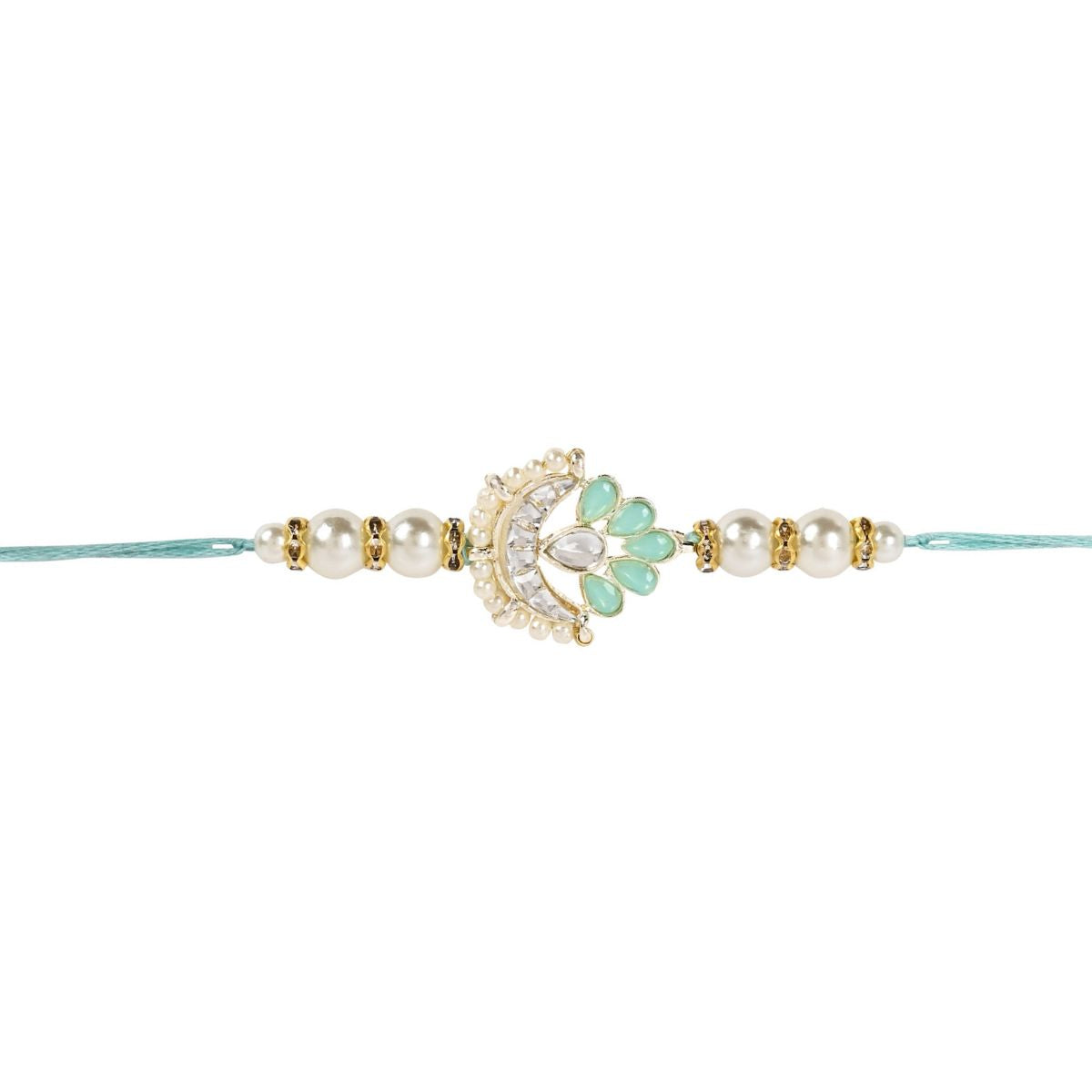 Delicate Pearl Beads Mint Rakhi with Roli Chawal & Rakshabandhan Card