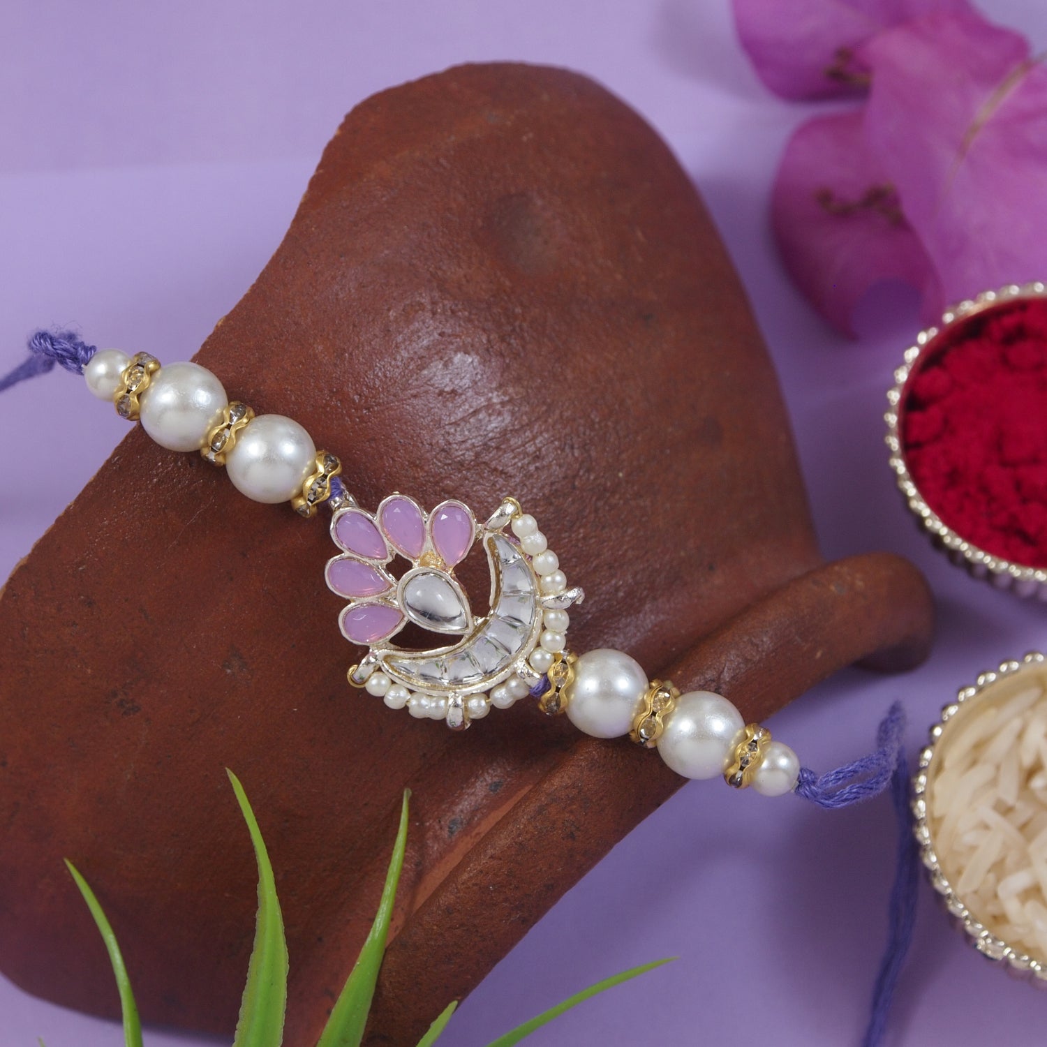 Elegance Kundan & Pearl Beads Rakhi with Roli Chawal & Card (Pack of 2)