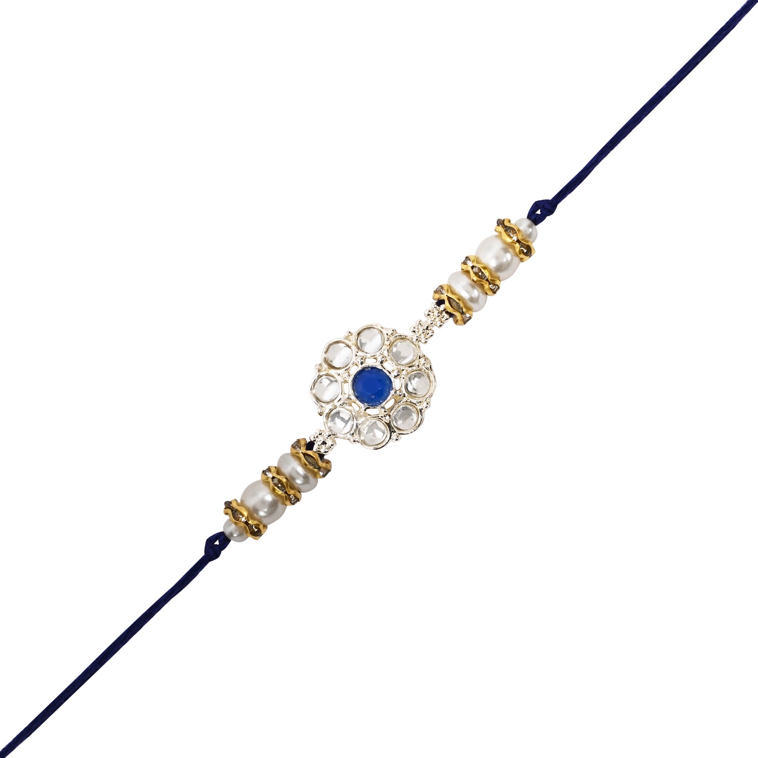 Elegant Bhaiya Bhabhi Lumba Pearl Blue Rakhi With Roli Chawal & Card