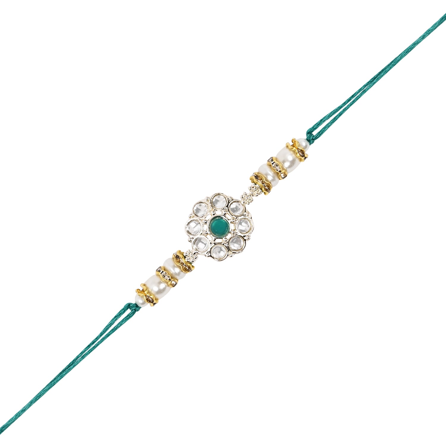 Elegant Bhaiya Bhabhi Green Lumba & Pearl Rakhi With Roli Chawal &Card
