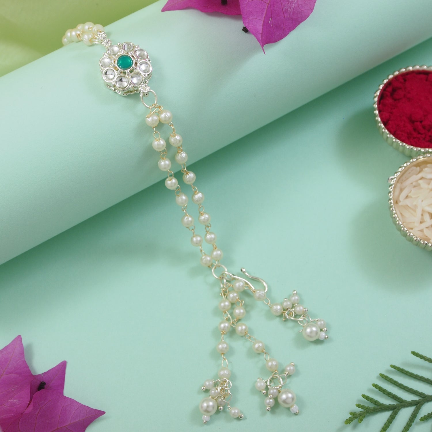 Green Pearl & Kundan Adjustable Bracelet