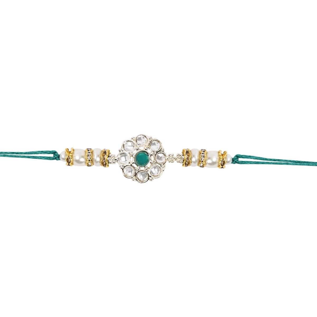 Delicate Pearl Beads Green Rakhi with Roli Chawal & Rakshabandhan Card