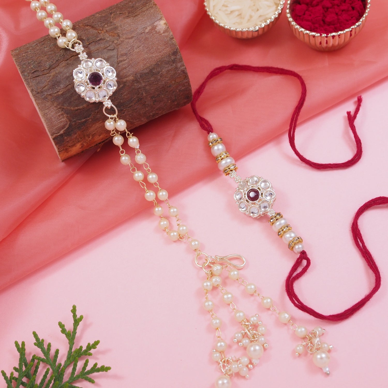 Elegant Bhaiya Bhabhi Maroon Lumba Pearl & Rakhi With Roli Chawal & Card