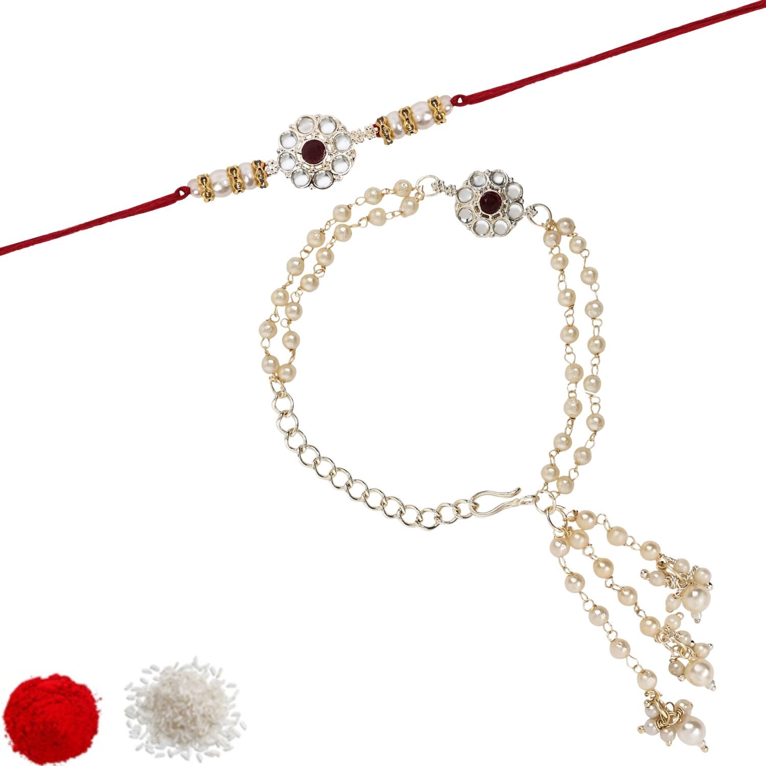 Elegant Bhaiya Bhabhi Maroon Lumba Pearl & Rakhi With Roli Chawal & Card