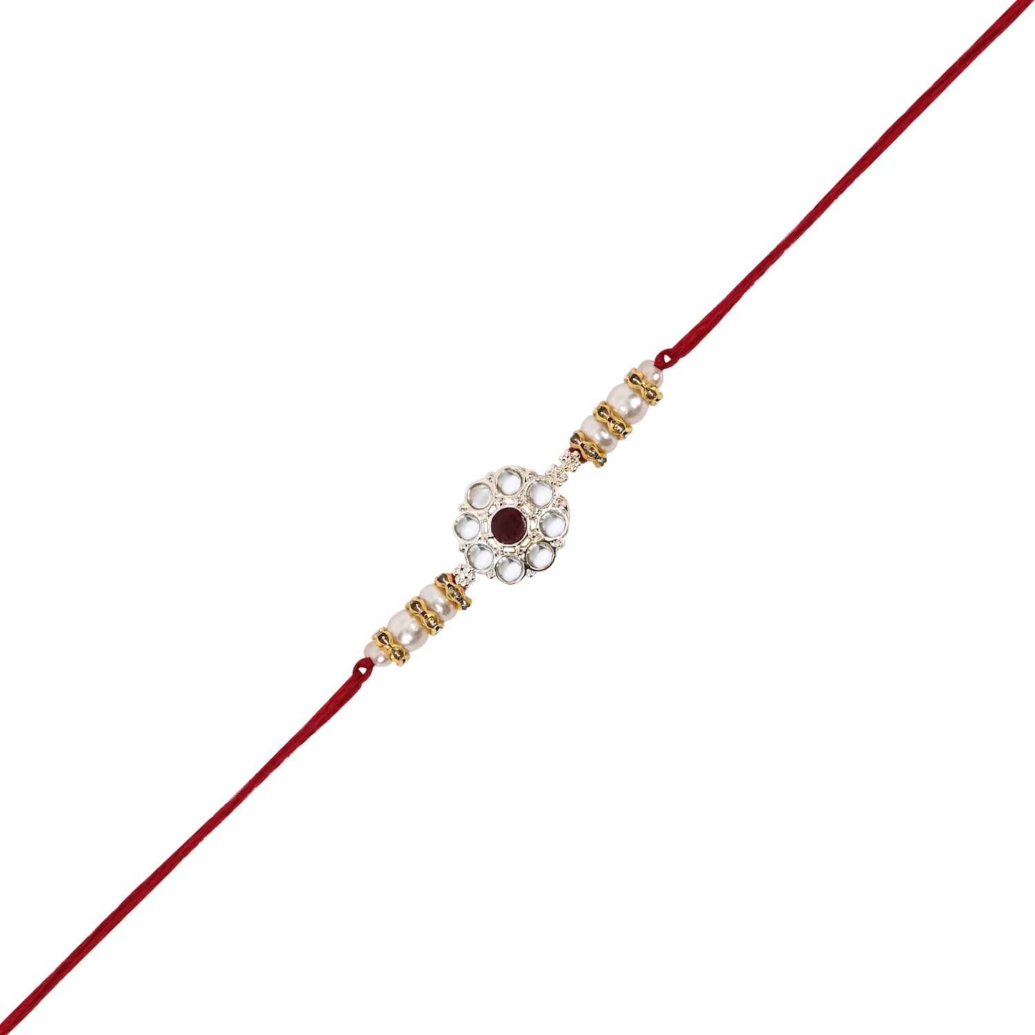 Elegant Bhaiya Bhabhi Maroon Lumba Pearl & Rakhi With Roli Chawal & Card