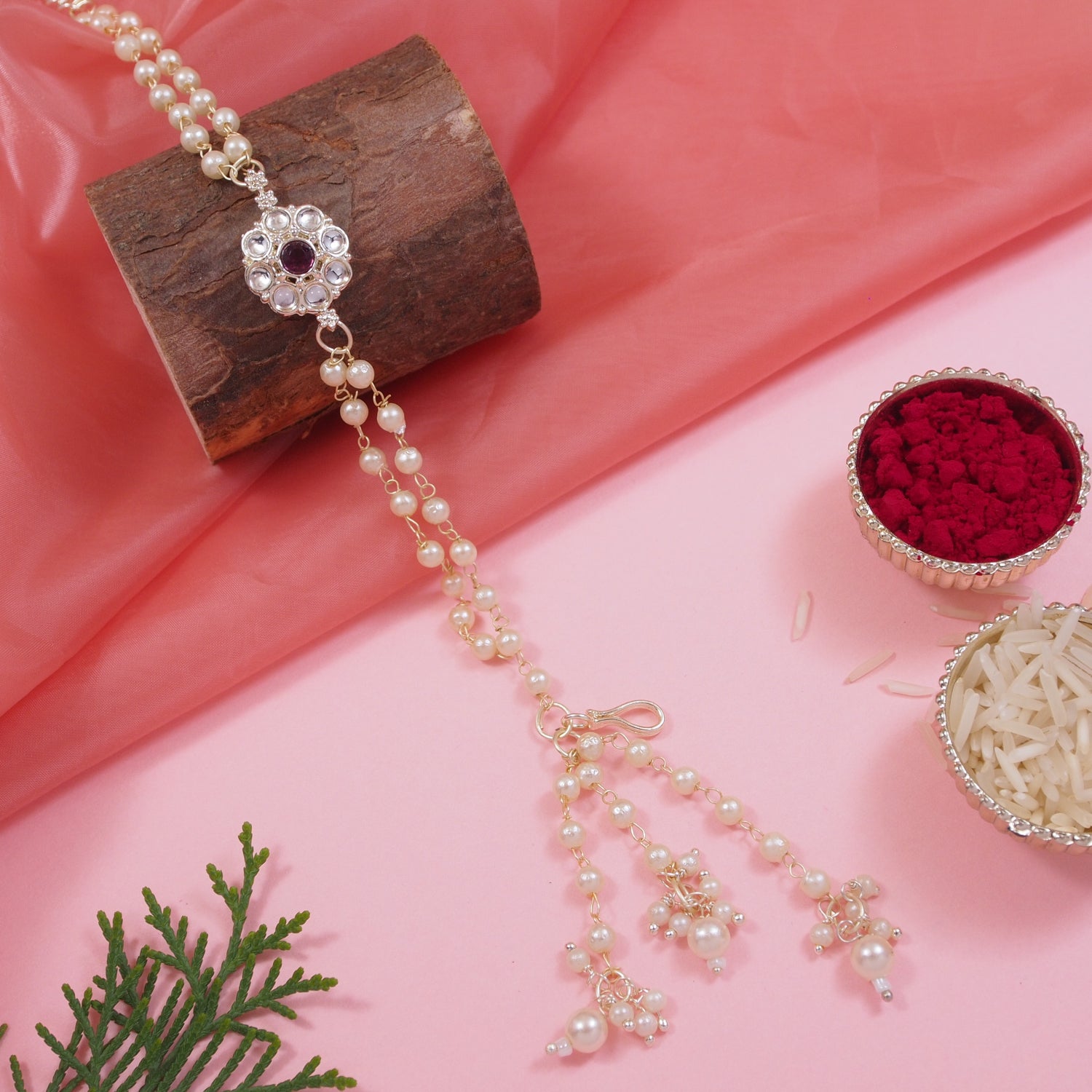 Maroon Pearl & Kundan Adjustable Bracelet