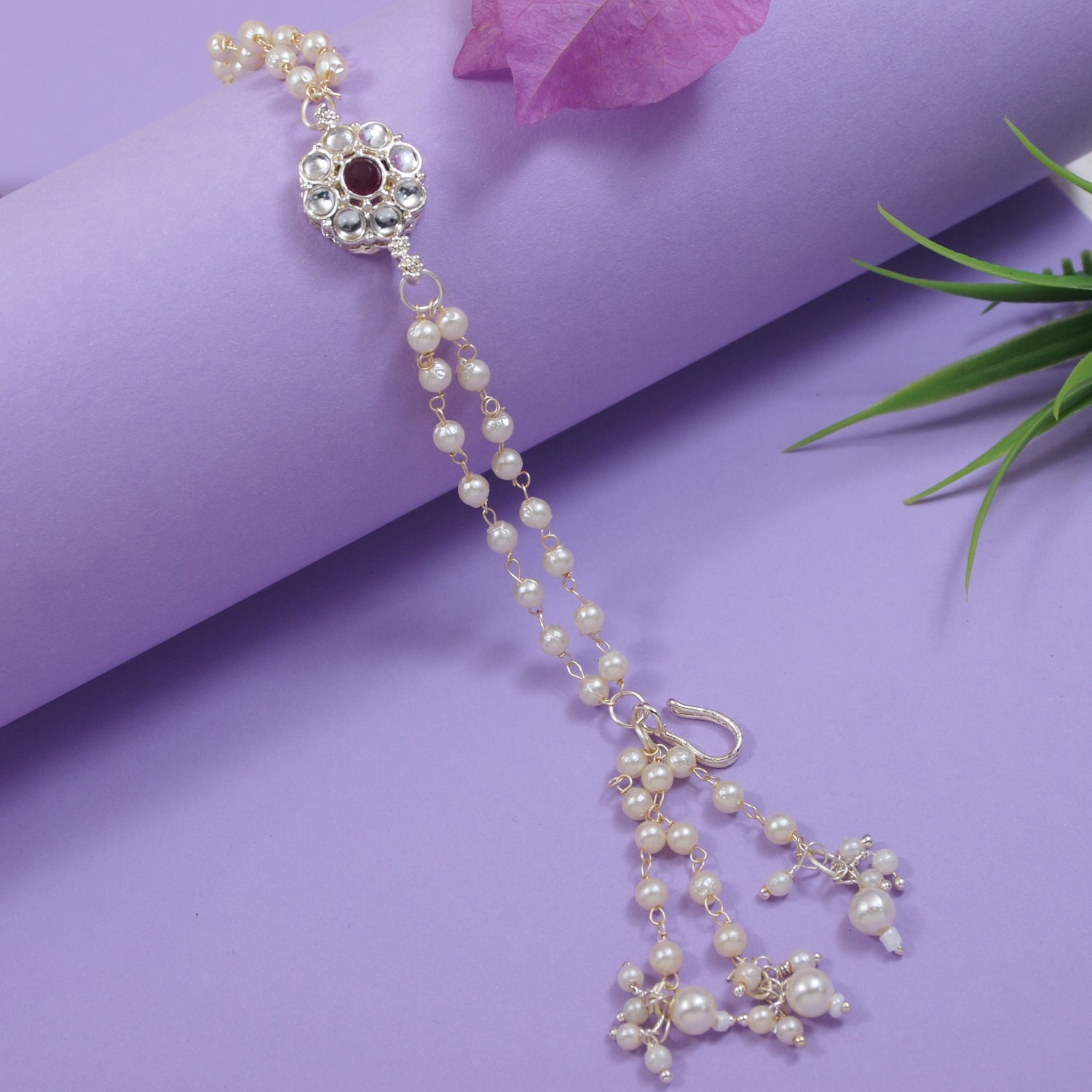 Wine Pearl & Kundan Adjustable Bracelet